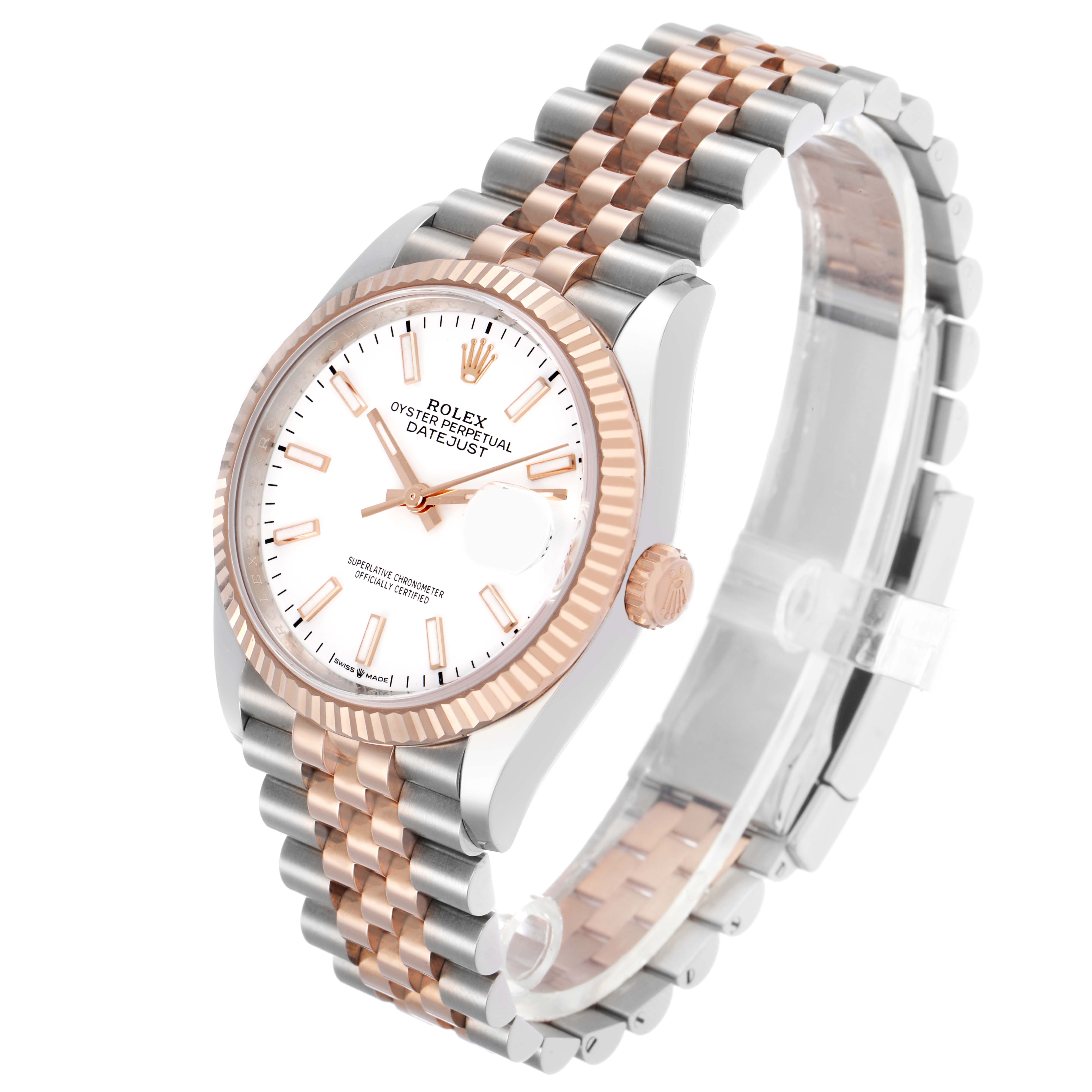 The Rolex Datejust 126231 Men's Steel and Gold (two tone) White Dial is shown at a semi-angled side view, highlighting the dial, fluted bezel, crown, and Jubilee bracelet.