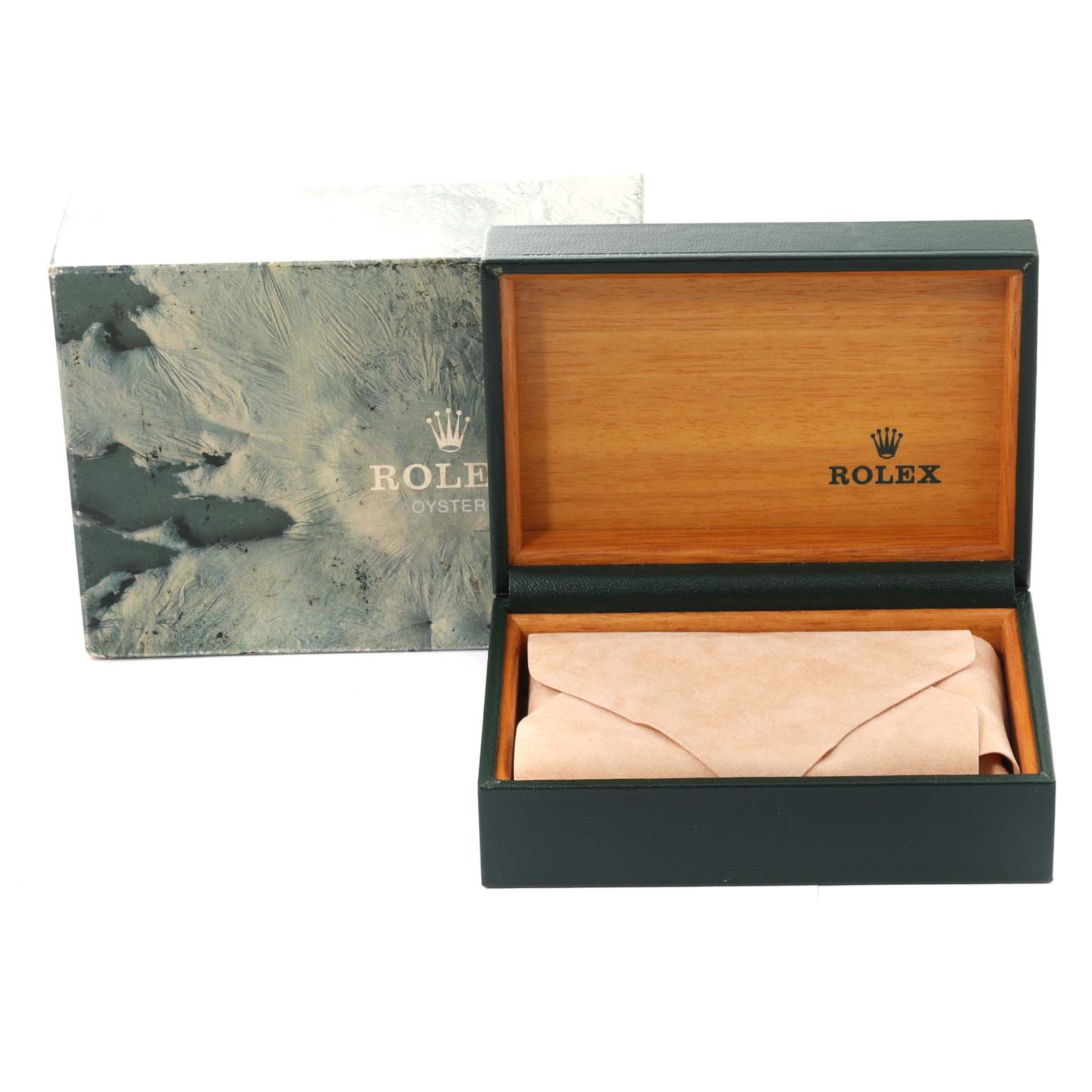 This image shows the open box for the Rolex Datejust 16233 Men's Steel and Gold (two tone) Black Dial 16233 Men's Steel and Gold (two tone) Black Dial watch, with a green exterior and tan interior, featuring the Rolex logo.