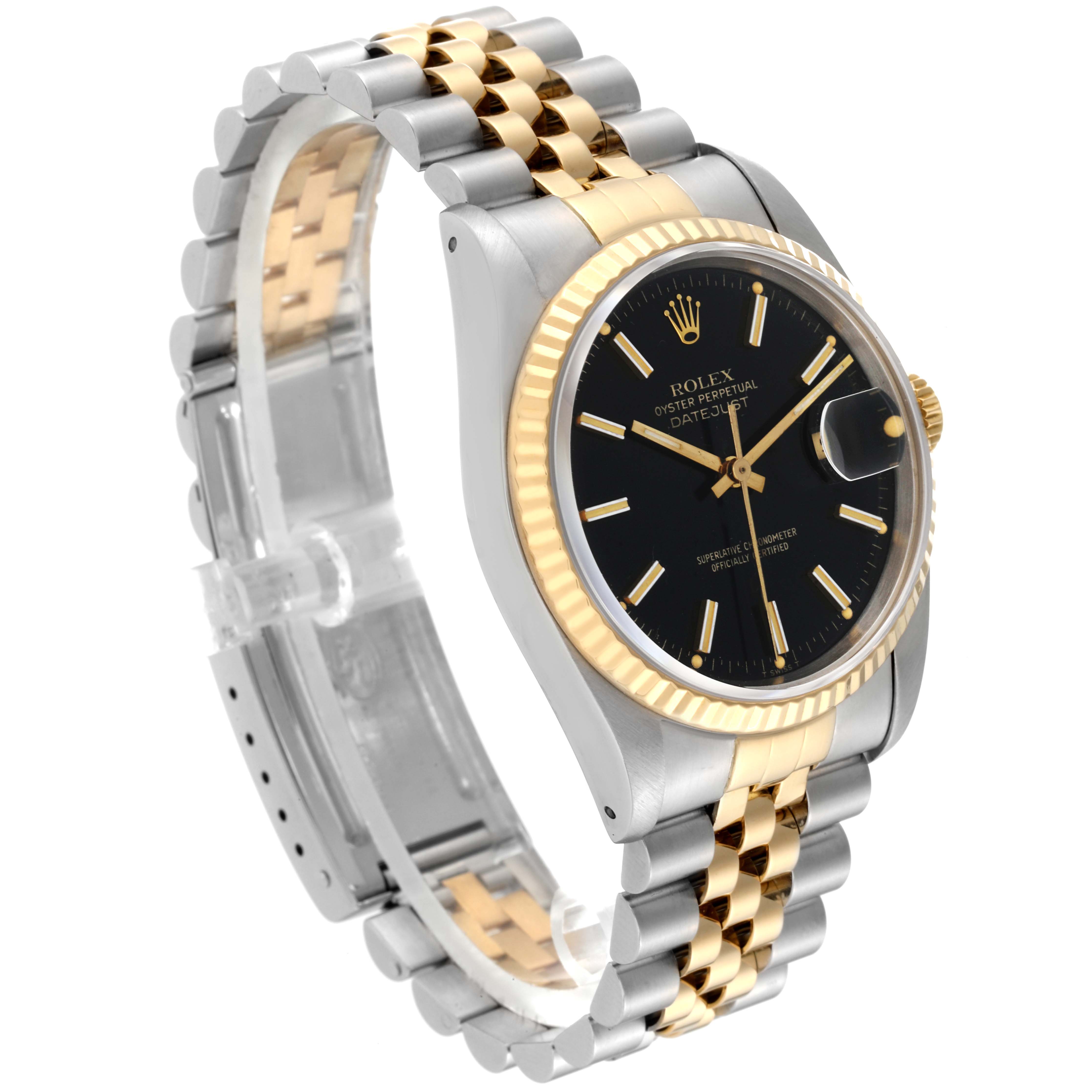 This image shows a side angle of the Rolex Datejust 16233 Men's Steel and Gold (two tone) Black Dial 16233 Men's Steel and Gold (two tone) Black Dial watch featuring a black dial, gold fluted bezel, and a two-tone oyster bracelet.