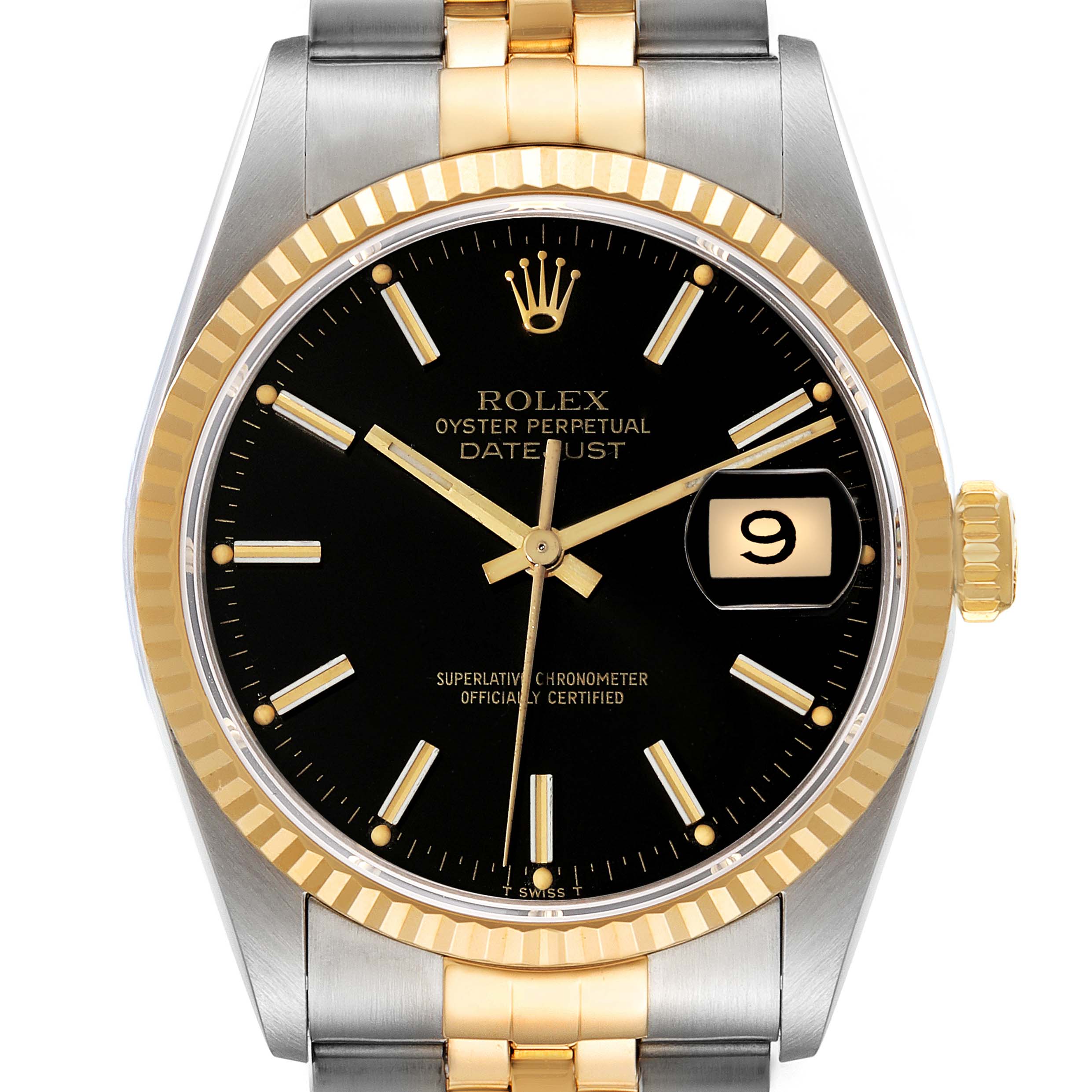 The image shows a front view of the Rolex Datejust 16233 Men's Steel and Gold (two tone) Black Dial 16233 Men's Steel and Gold (two tone) Black Dial watch, highlighting its dial, bezel, hands, date window, and part of the bracelet.