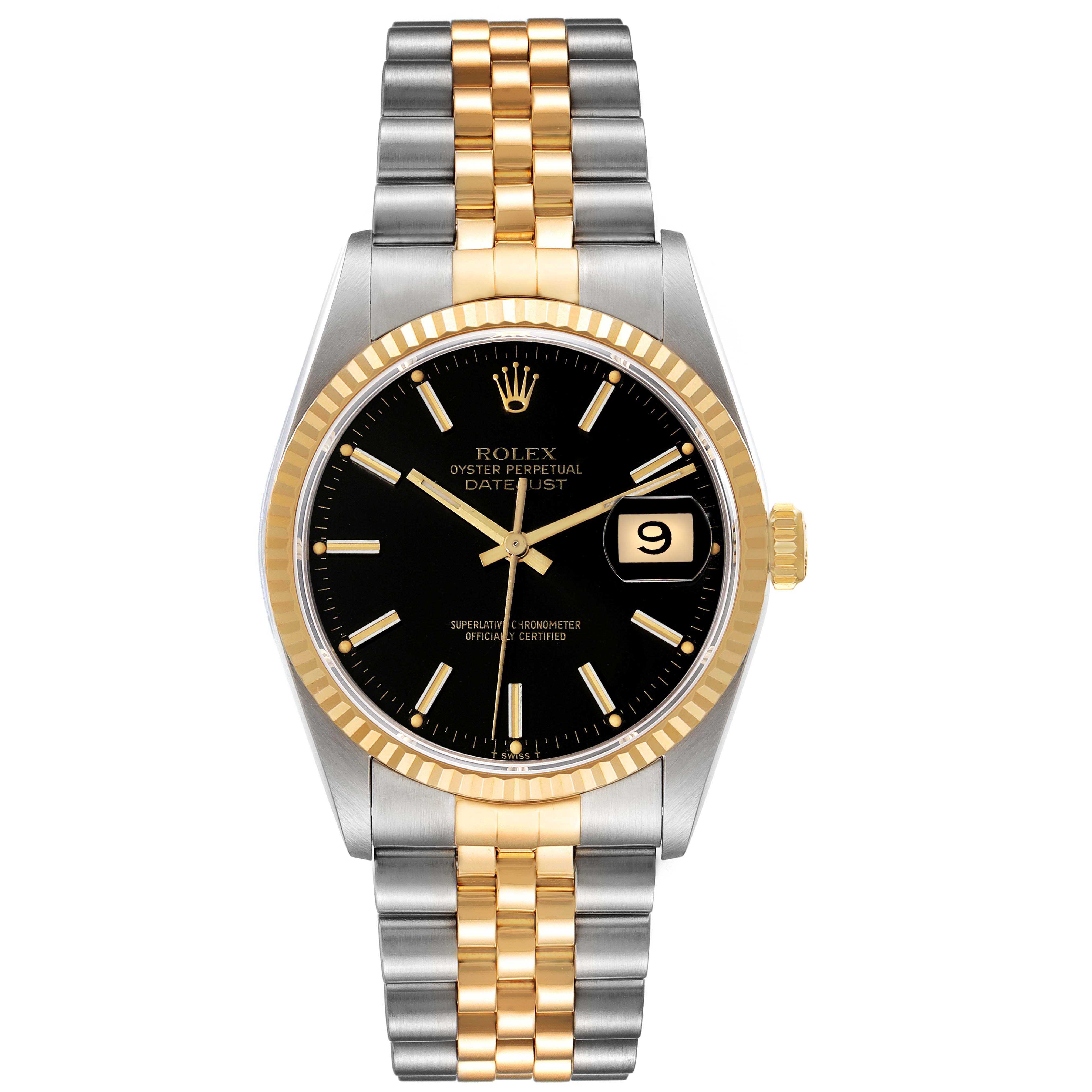 This Rolex Datejust 16233 Men's Steel and Gold (two tone) Black Dial 16233 Men's Steel and Gold (two tone) Black Dial watch is shown from the front, highlighting its two-tone bracelet, black dial, and date display.