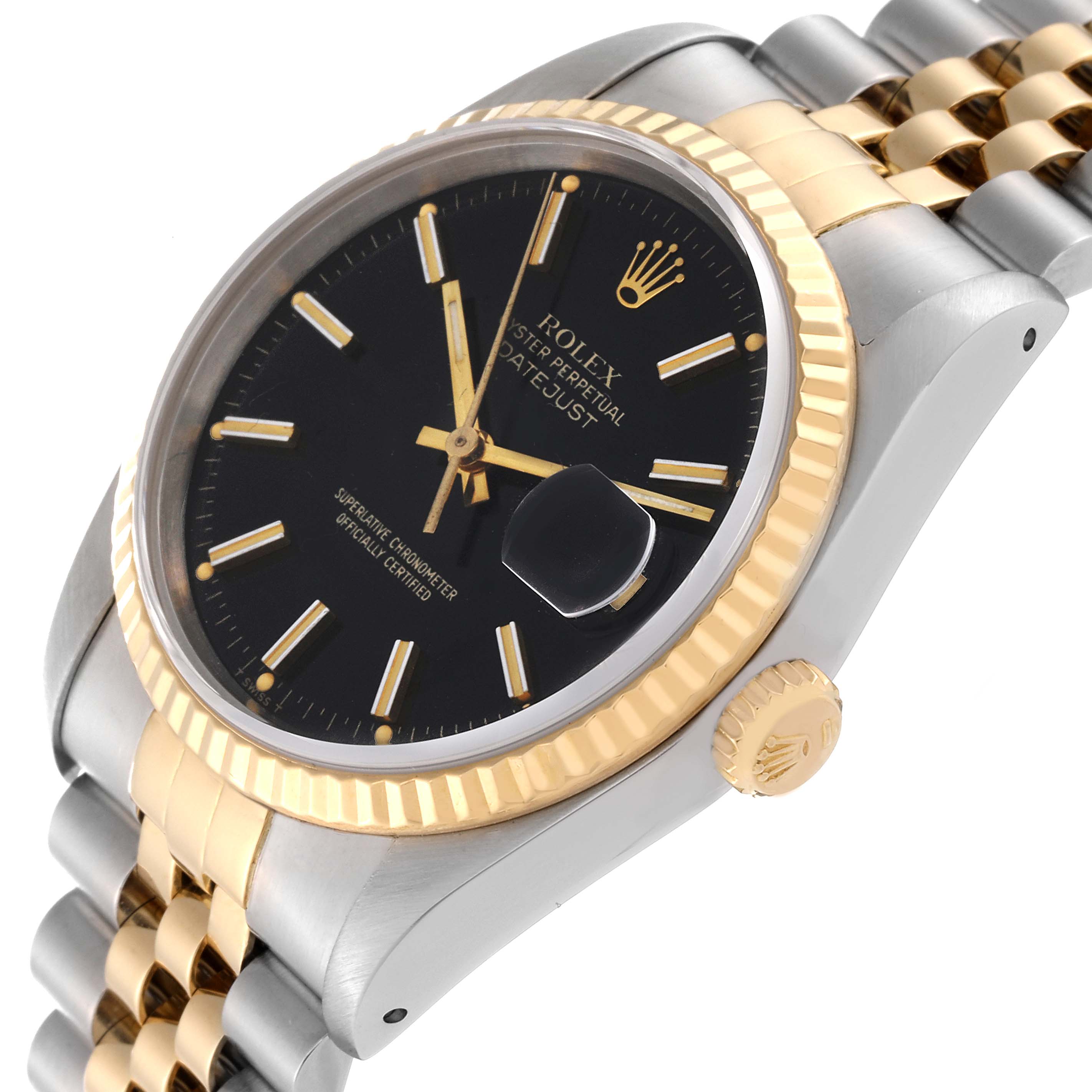 The Rolex Datejust 16233 Men's Steel and Gold (two tone) Black Dial 16233 Men's Steel and Gold (two tone) Black Dial watch is shown at an angle highlighting the black dial, gold bezel, crown, and two-tone bracelet.