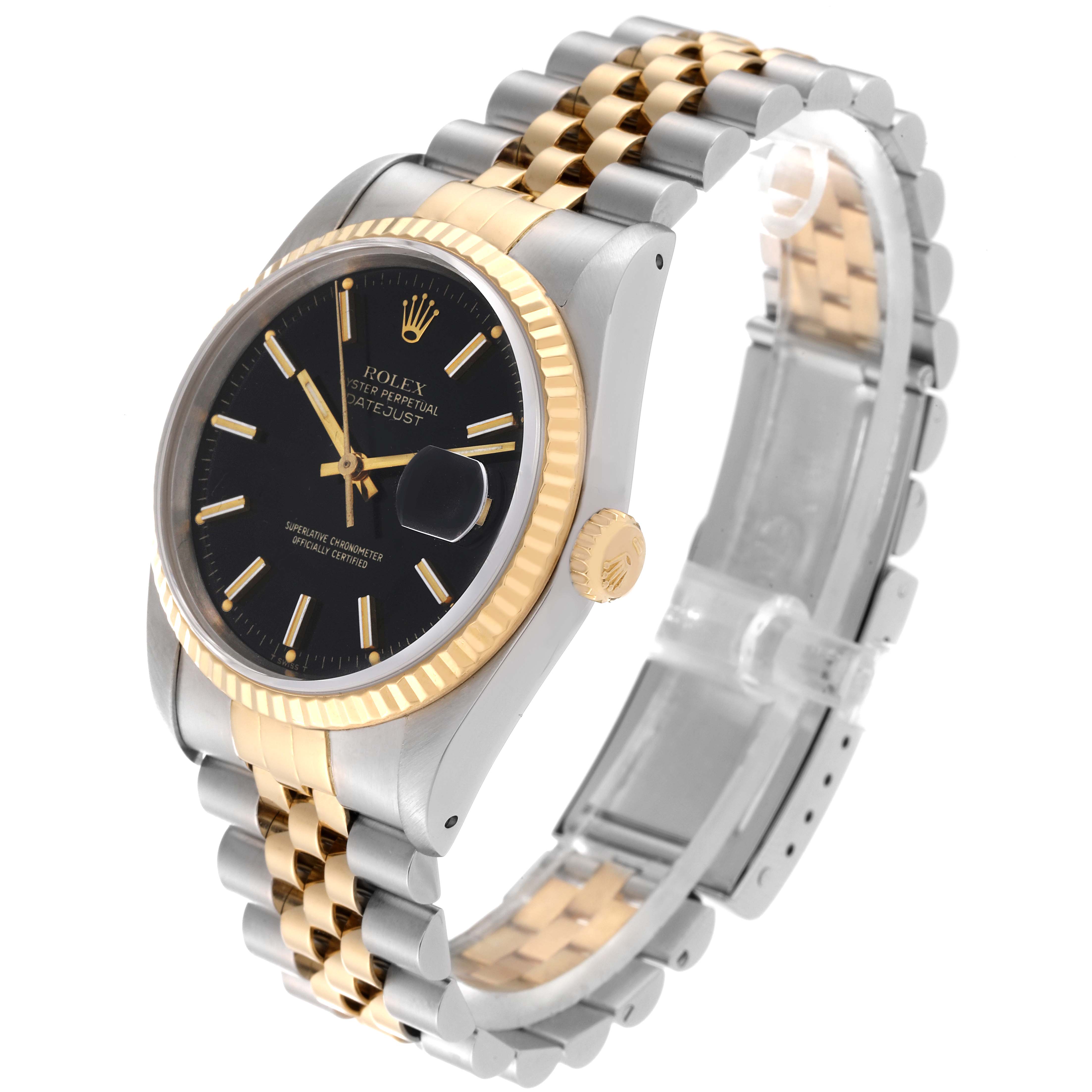 The Rolex Datejust 16233 Men's Steel and Gold (two tone) Black Dial 16233 Men's Steel and Gold (two tone) Black Dial watch is shown in a three-quarter angle, displaying its gold and silver bracelet, black dial, and fluted bezel.