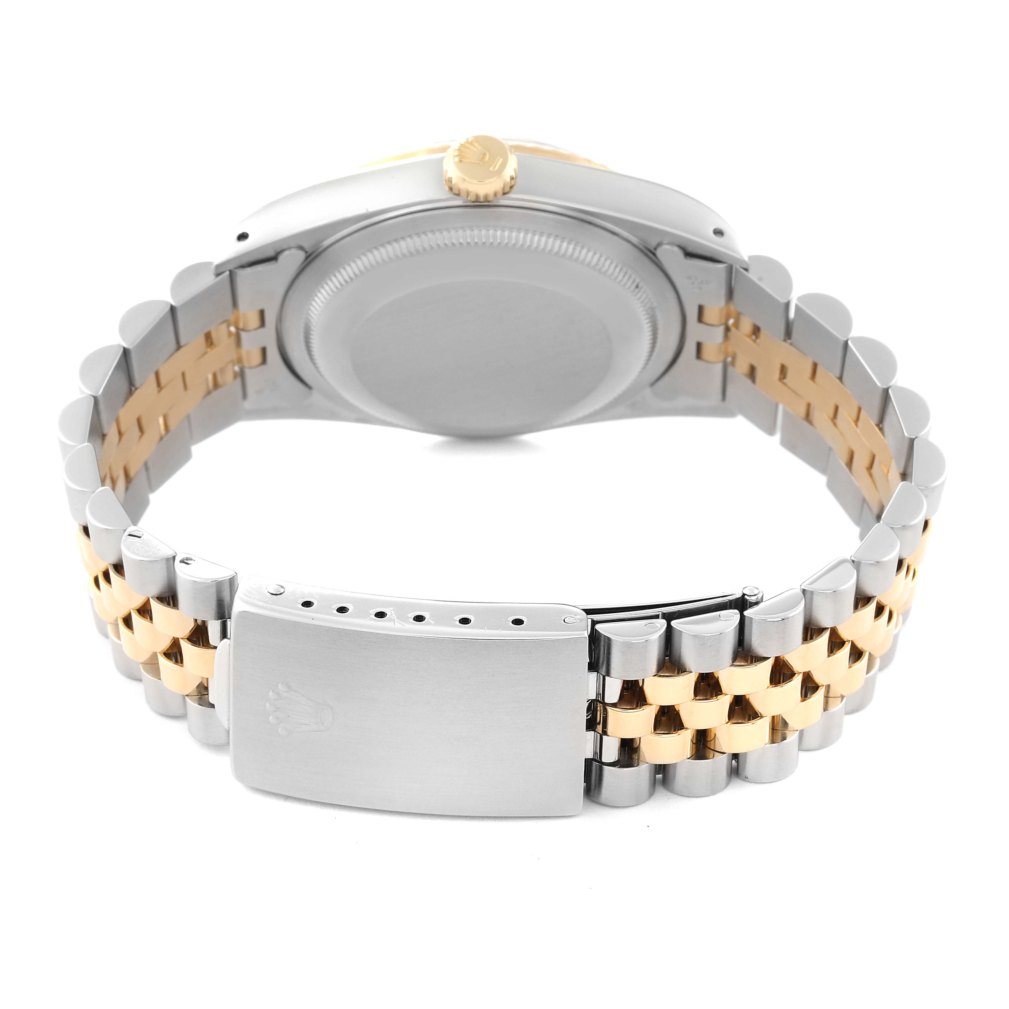 This image shows the backside of a Rolex Datejust 16233 Men's Steel and Gold (two tone) Black Dial 16233 Men's Steel and Gold (two tone) Black Dial watch, highlighting the caseback, crown, and two-tone bracelet with clasp.