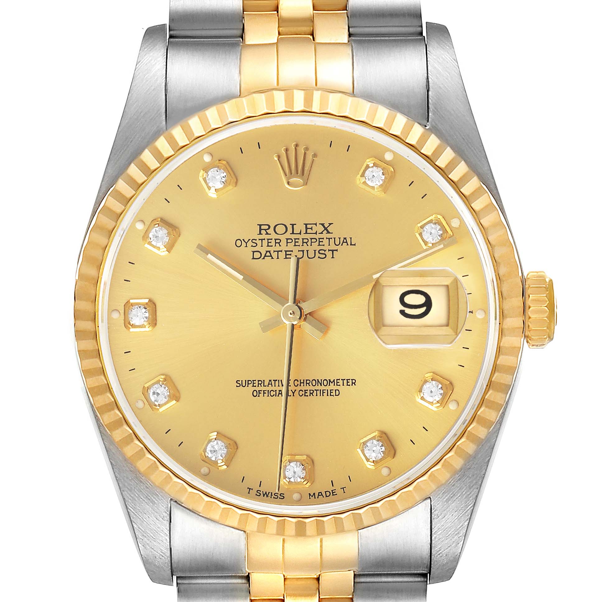 The Rolex Datejust 16233 Men's Steel and Gold (two tone) Champagne Dial watch is shown from the front, highlighting the dial, fluted bezel, and part of the bracelet.