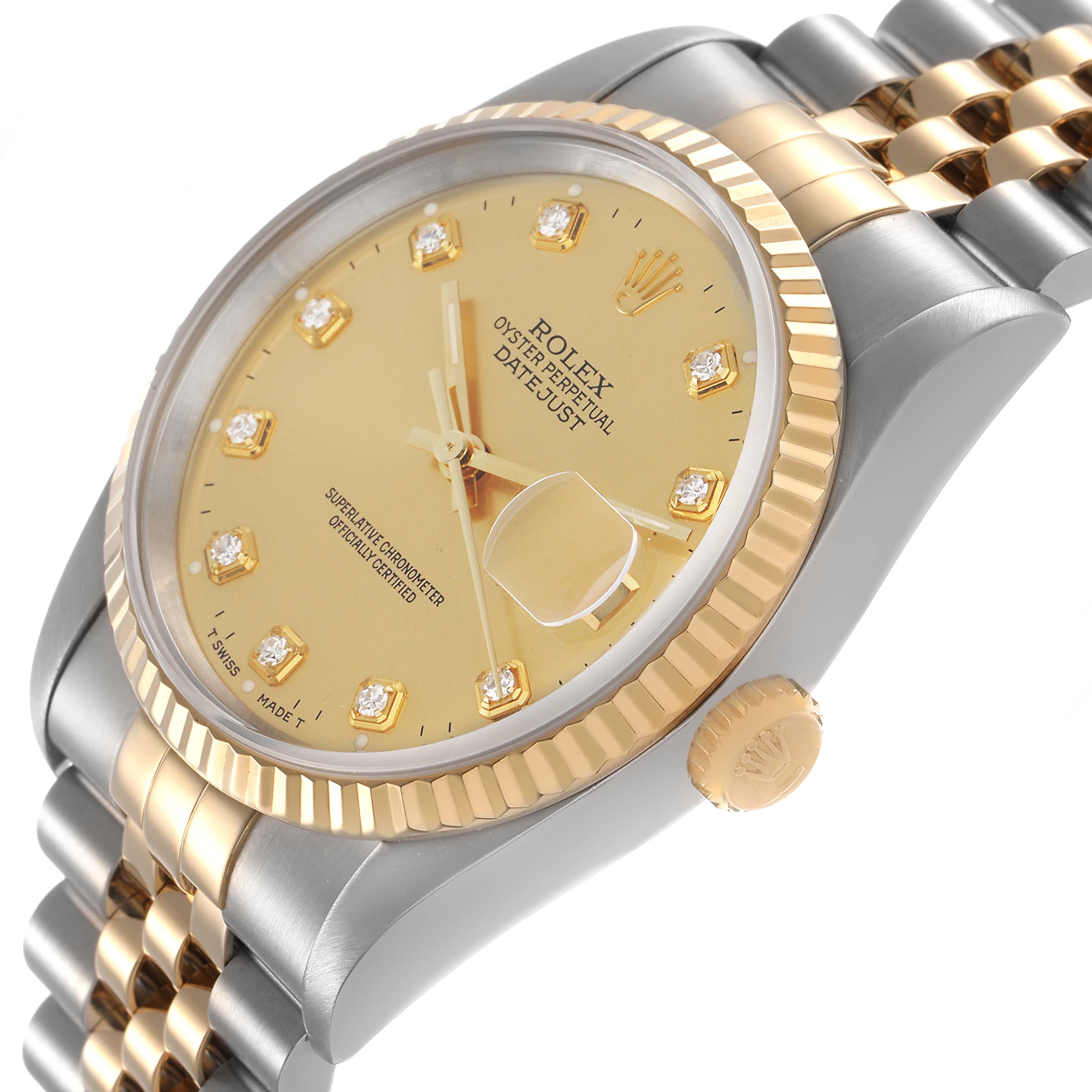 The Rolex Datejust 16233 Men's Steel and Gold (two tone) Champagne Dial watch is shown at an angle highlighting its gold dial, fluted bezel, and two-tone Jubilee bracelet.