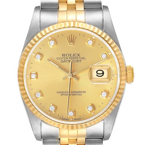 The Rolex Datejust 16233 Men's Steel and Gold (two tone) Champagne Dial watch is shown from the front, highlighting the dial, bezel, crown, and part of the bracelet.