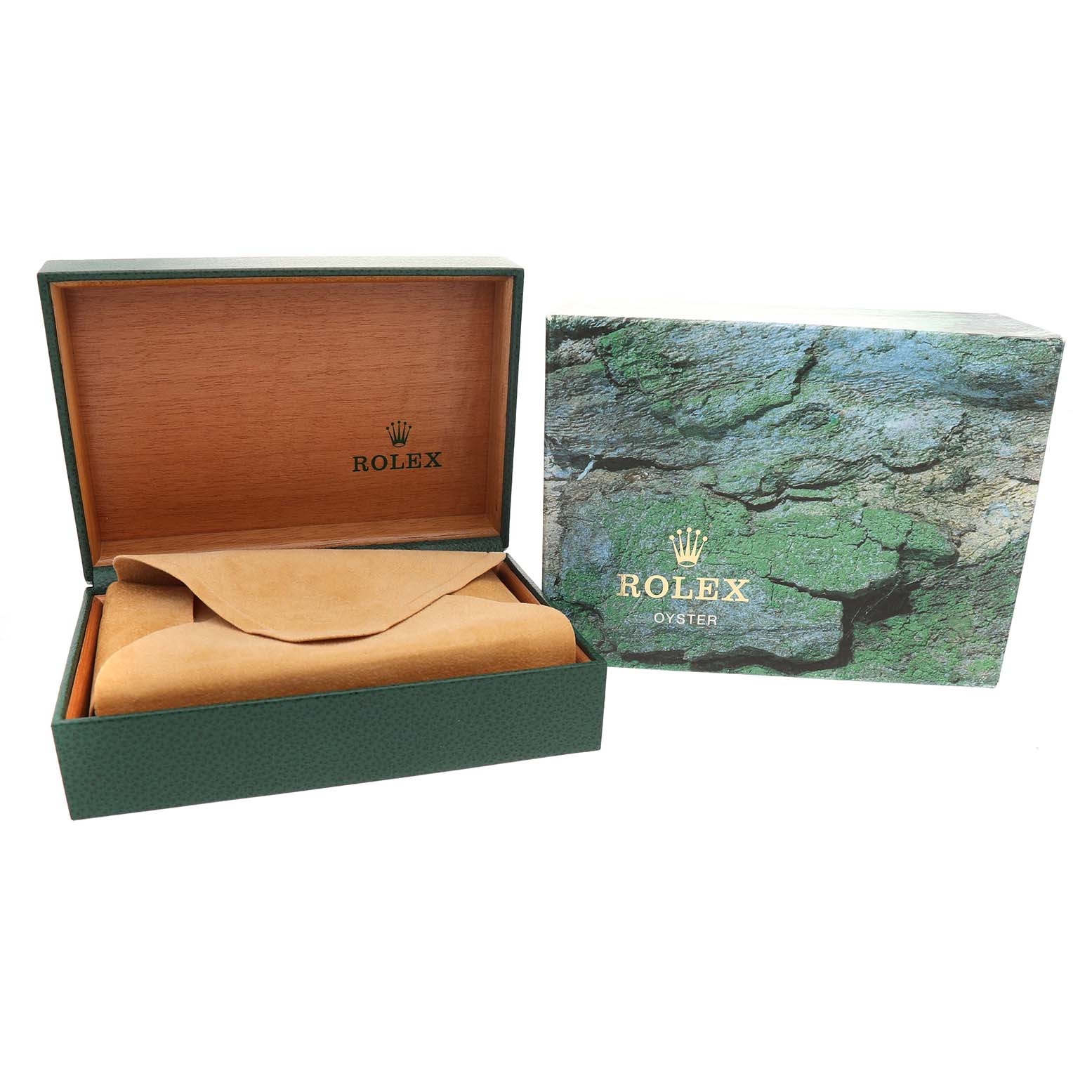 The image shows a Rolex Datejust 16233 Men's Steel and Gold (two tone) Champagne Dial box set, including an open box with a brown inner lining and an outer green cardboard box.