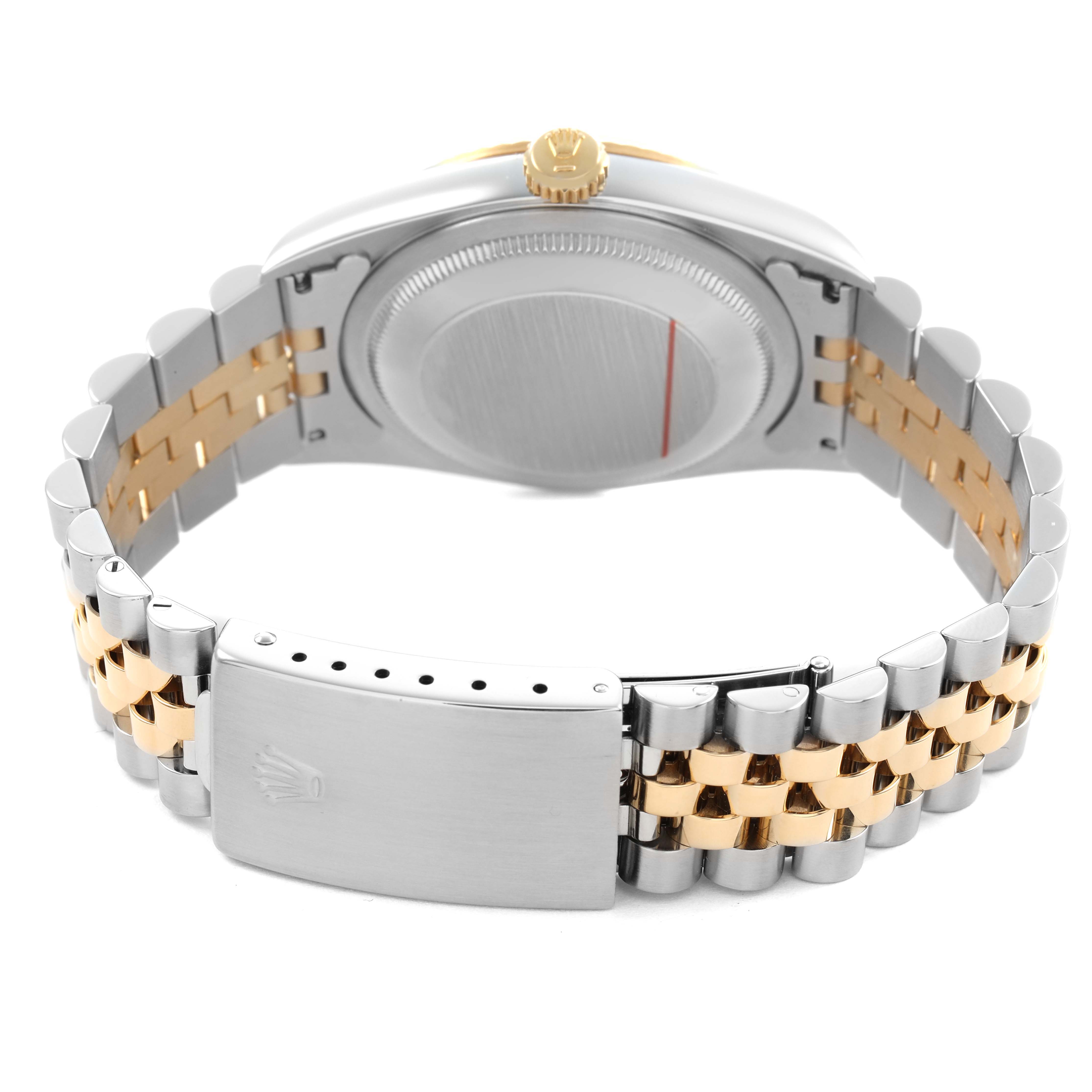 The image shows the back view of a Rolex Datejust 16233 Men's Steel and Gold (two tone) Champagne Dial, highlighting the bracelet, clasp, and caseback.