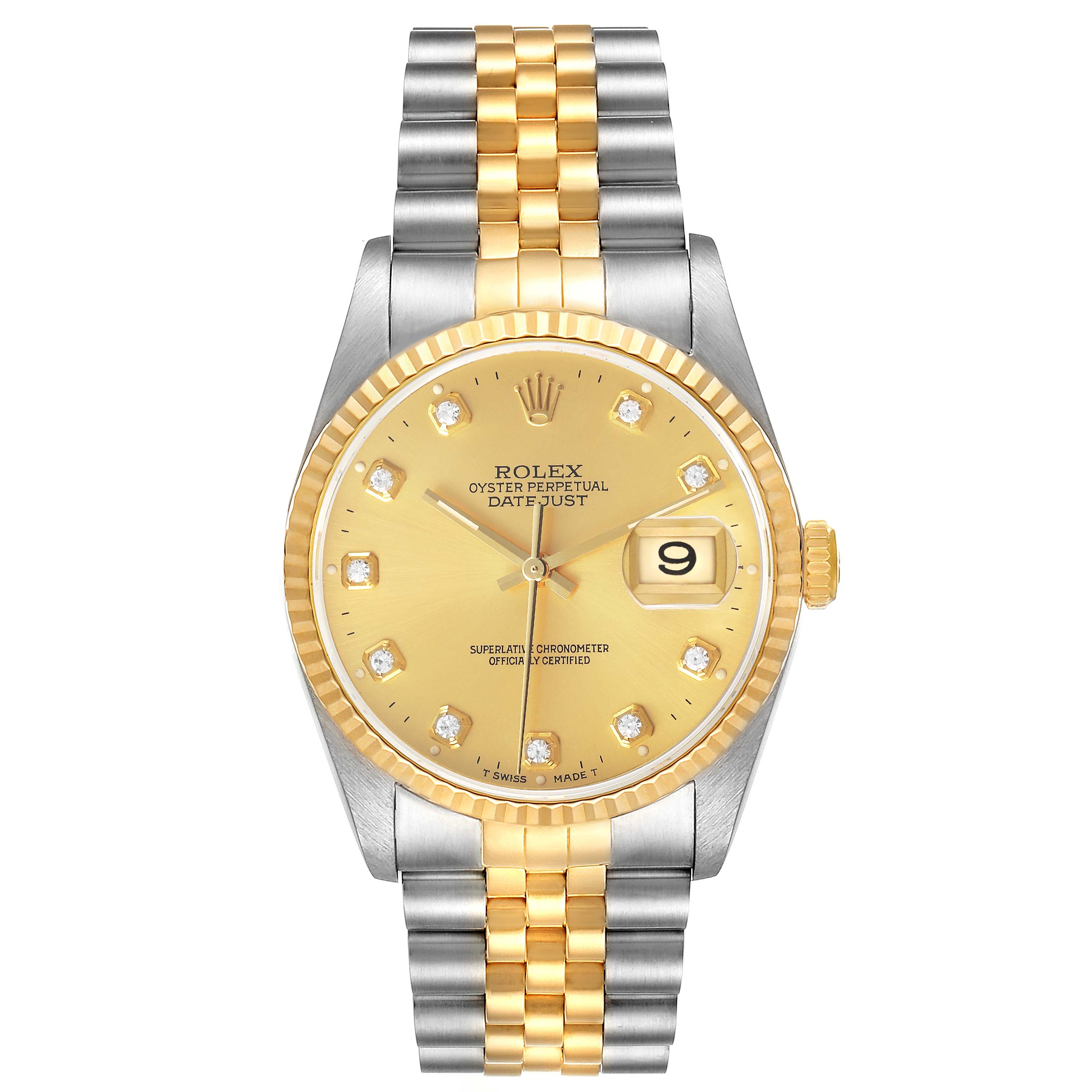 The Rolex Datejust 16233 Men's Steel and Gold (two tone) Champagne Dial watch is shown from a front angle, highlighting the dial, bezel, and two-tone bracelet.
