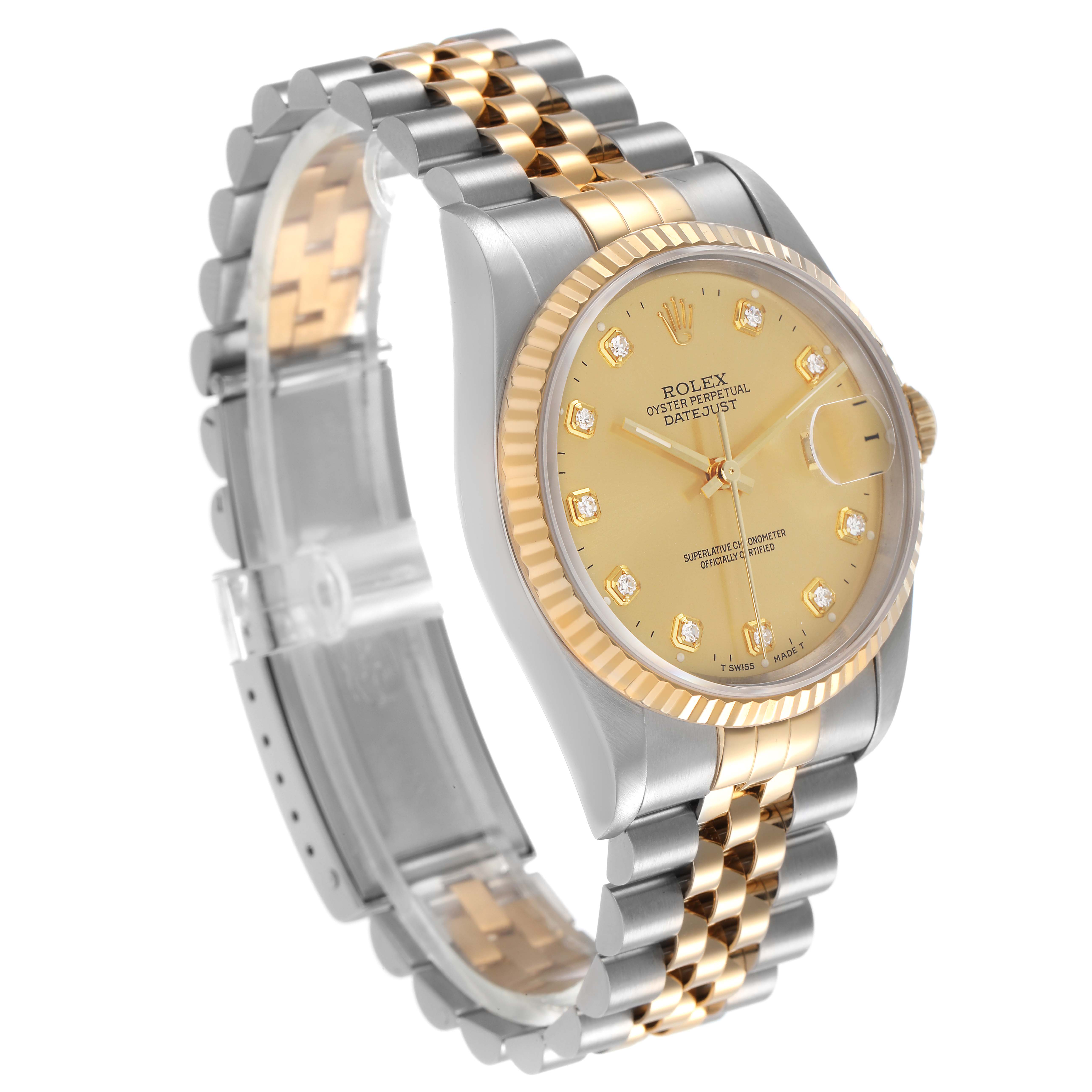 The Rolex Datejust 16233 Men's Steel and Gold (two tone) Champagne Dial watch is shown at an angled side view, displaying the face, bezel, and part of the bracelet.