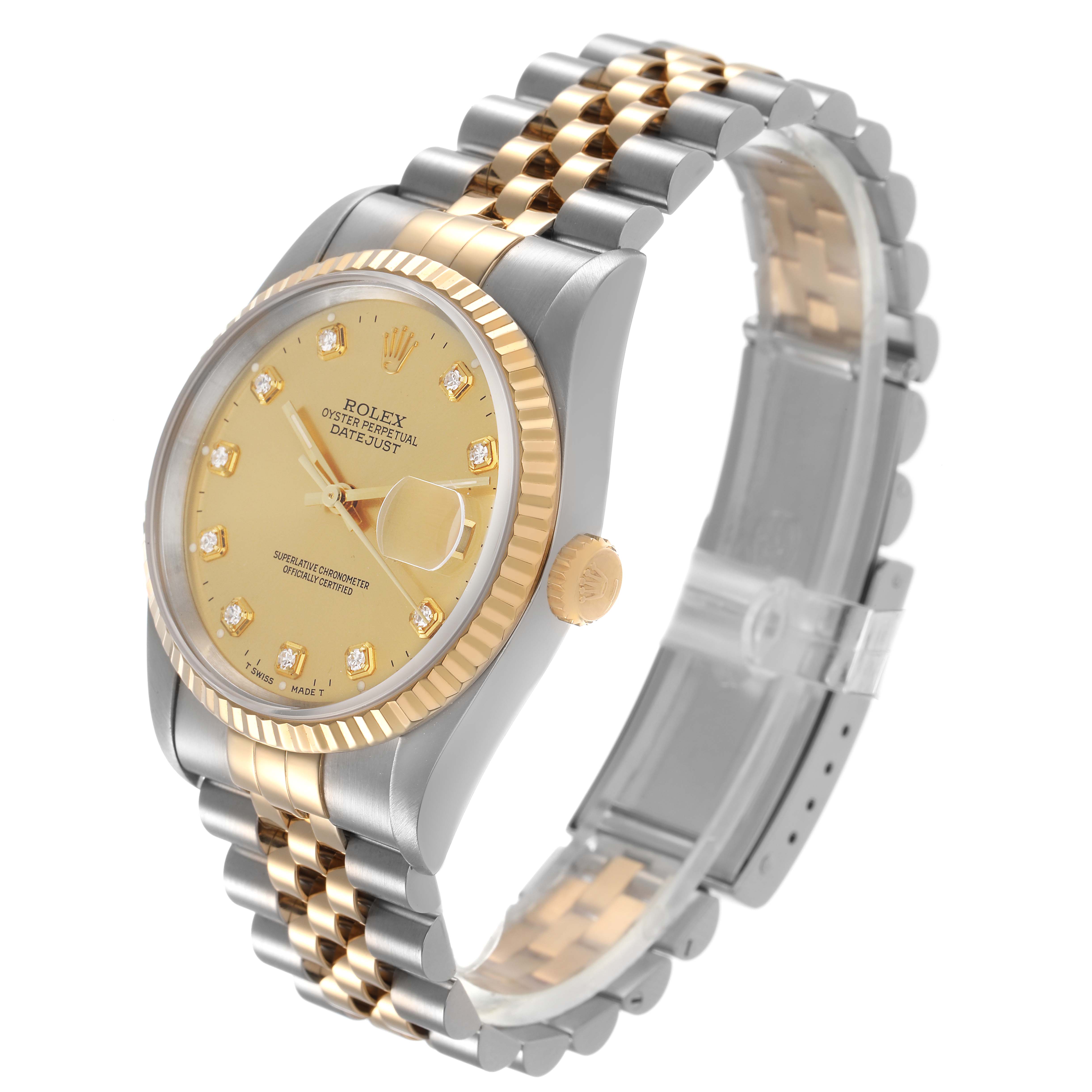 The Rolex Datejust 16233 Men's Steel and Gold (two tone) Champagne Dial watch is shown at a three-quarter angle, highlighting the dial, fluted bezel, jubilee bracelet, and crown.