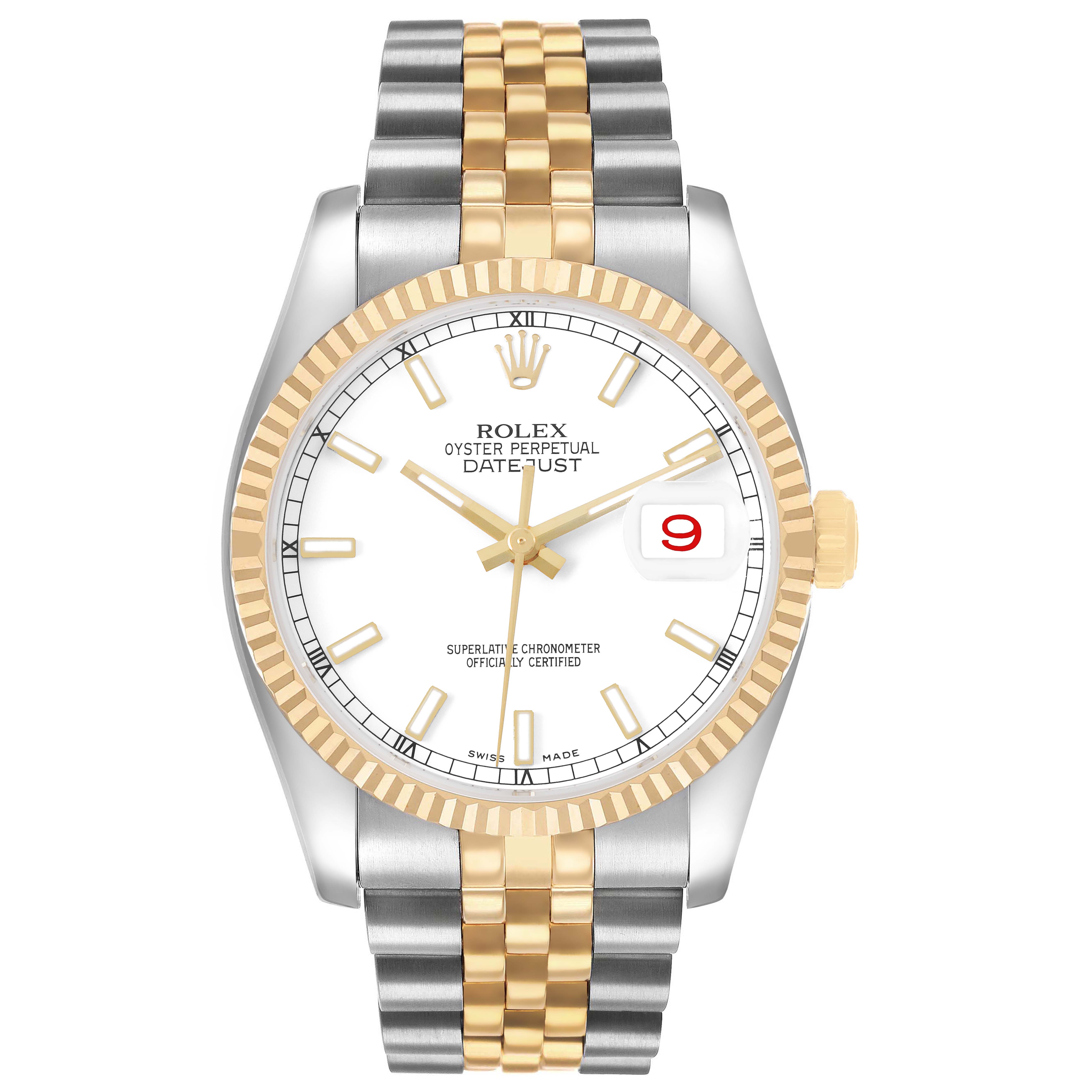 The Rolex Datejust 116233 Men's Steel and Gold (two tone) White Dial watch is shown from the front, highlighting its gold bezel, white dial, and two-tone bracelet.