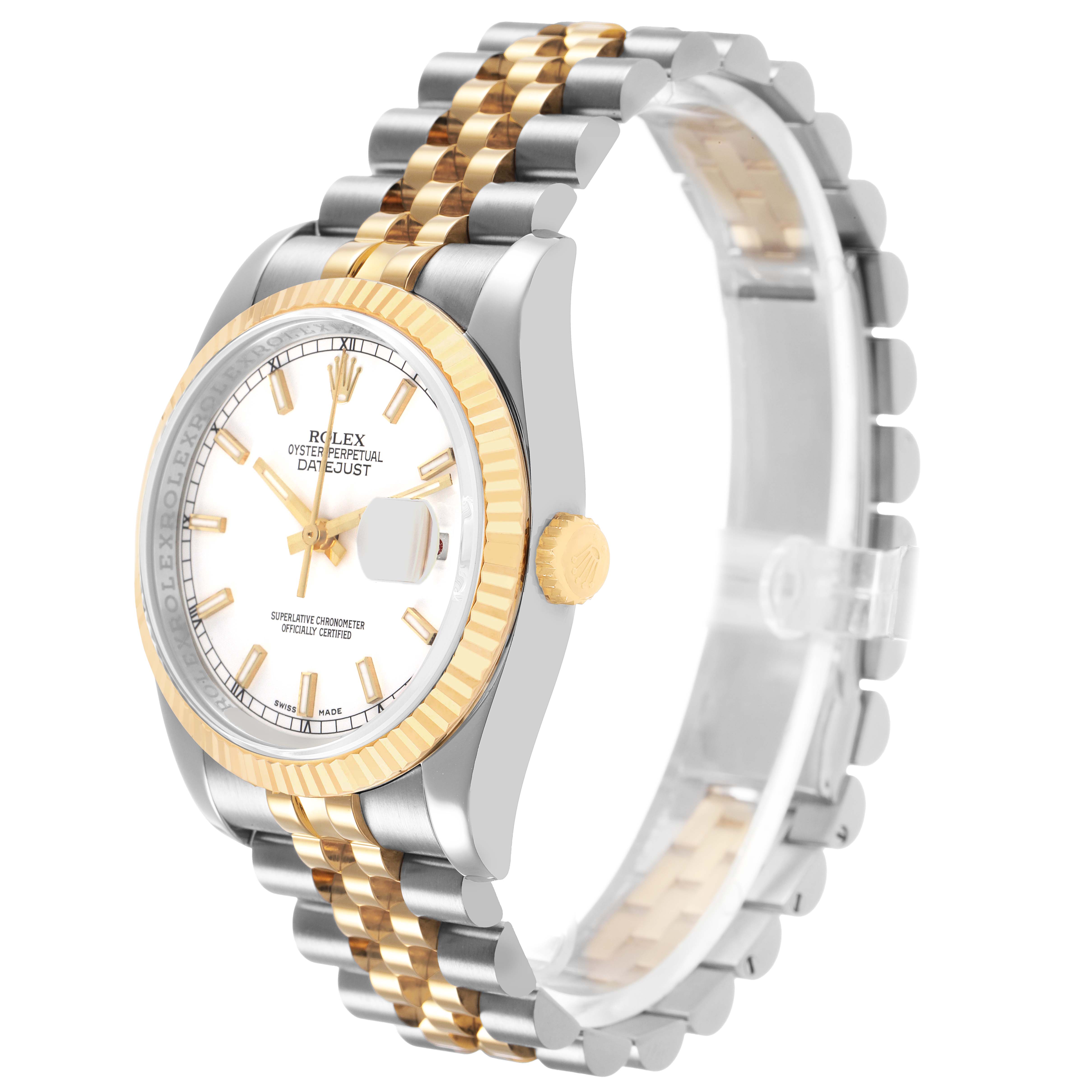 The Rolex Datejust 116233 Men's Steel and Gold (two tone) White Dial watch is shown at a slight angle highlighting the face, crown, bezel, and two-tone bracelet.