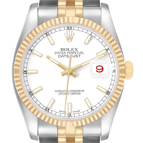 The image shows a front view of the Rolex Datejust 116233 Men's Steel and Gold (two tone) White Dial, highlighting the dial, bezel, crown, and part of the bracelet.