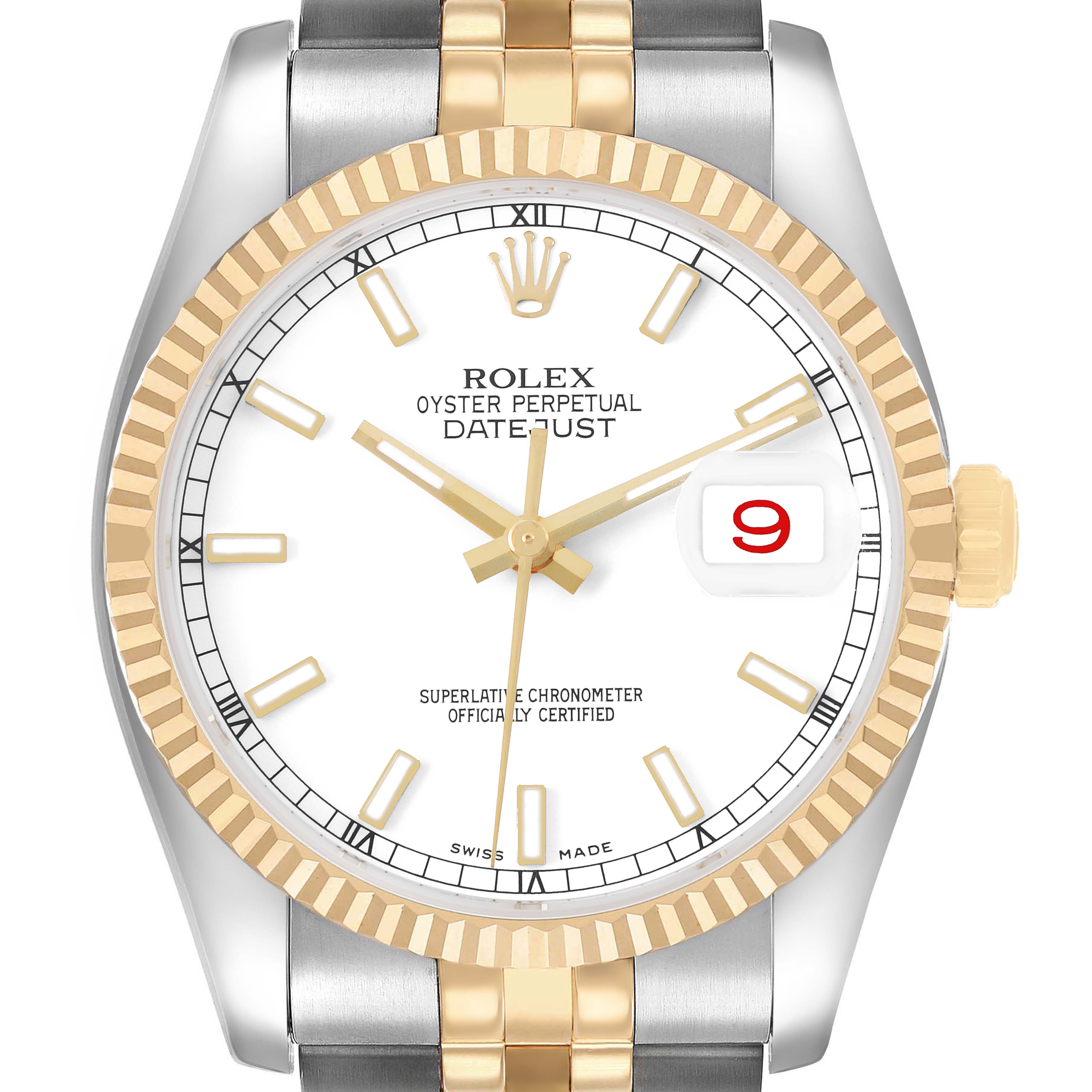 The Rolex Datejust 116233 Men's Steel and Gold (two tone) White Dial watch is shown from the front, featuring its face, fluted bezel, and part of the bracelet.