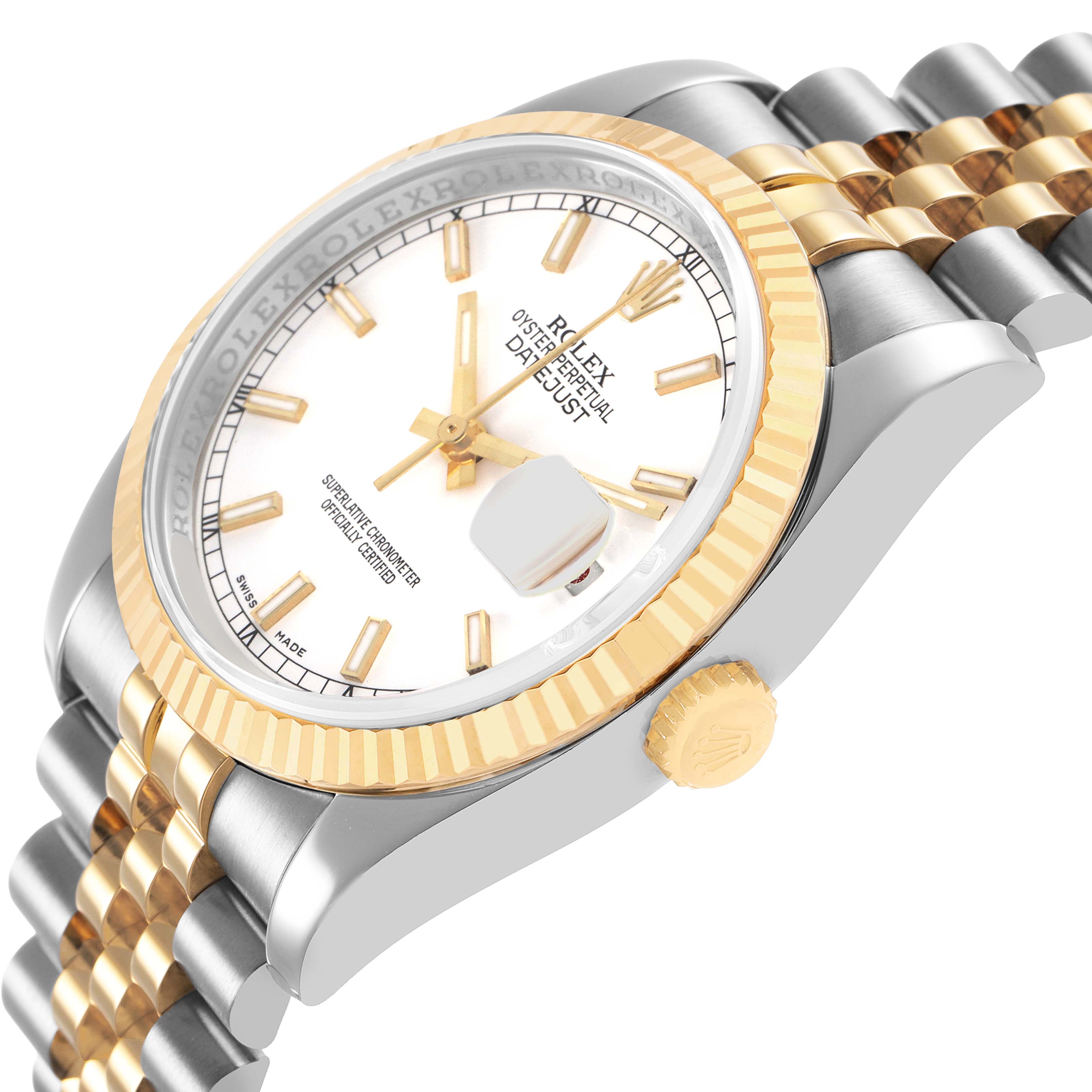 The Rolex Datejust 116233 Men's Steel and Gold (two tone) White Dial watch is shown at an angled side view, highlighting the dial, bezel, crown, and bracelet.