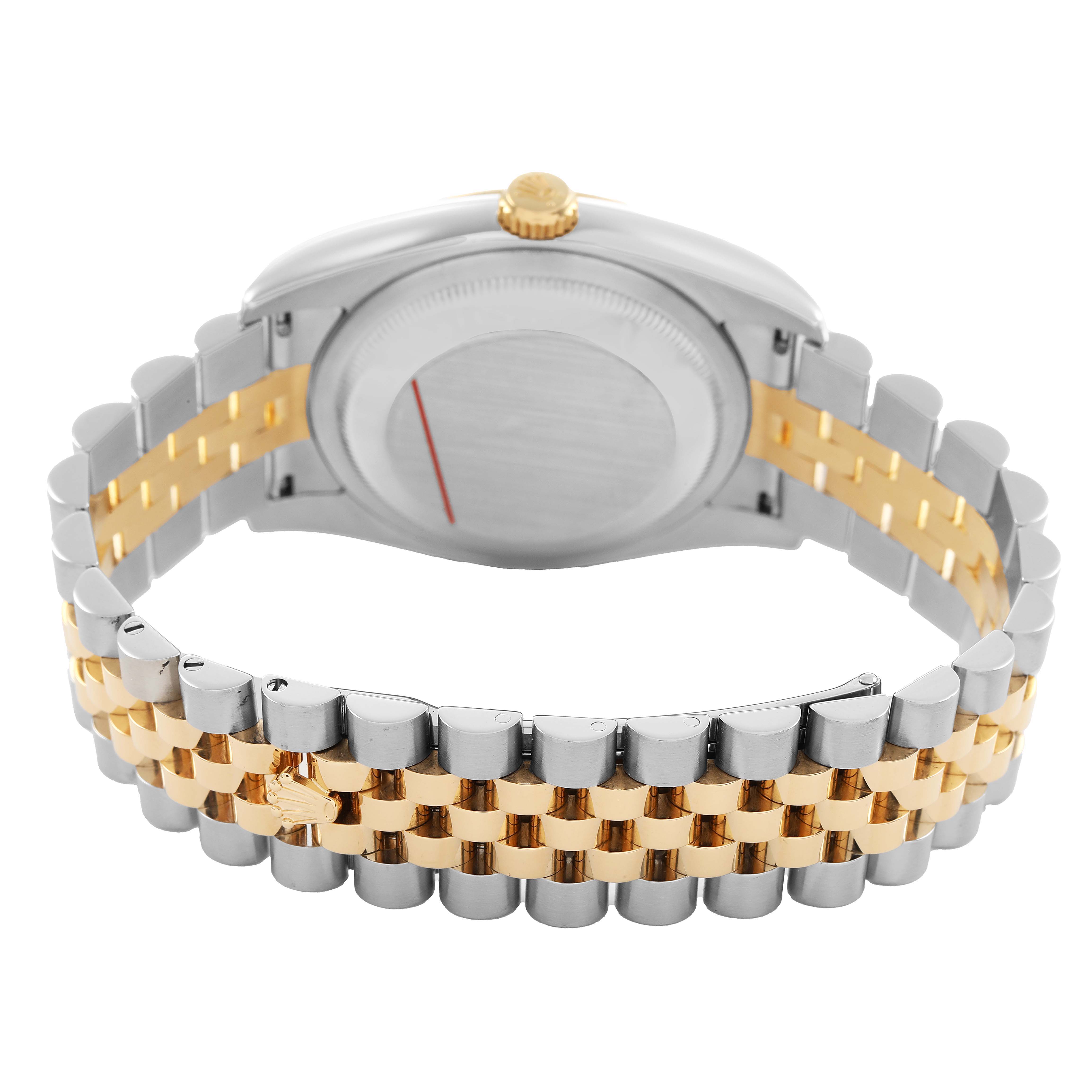 The image shows the back of a Rolex Datejust 116233 Men's Steel and Gold (two tone) White Dial watch, highlighting the case back and two-tone bracelet.