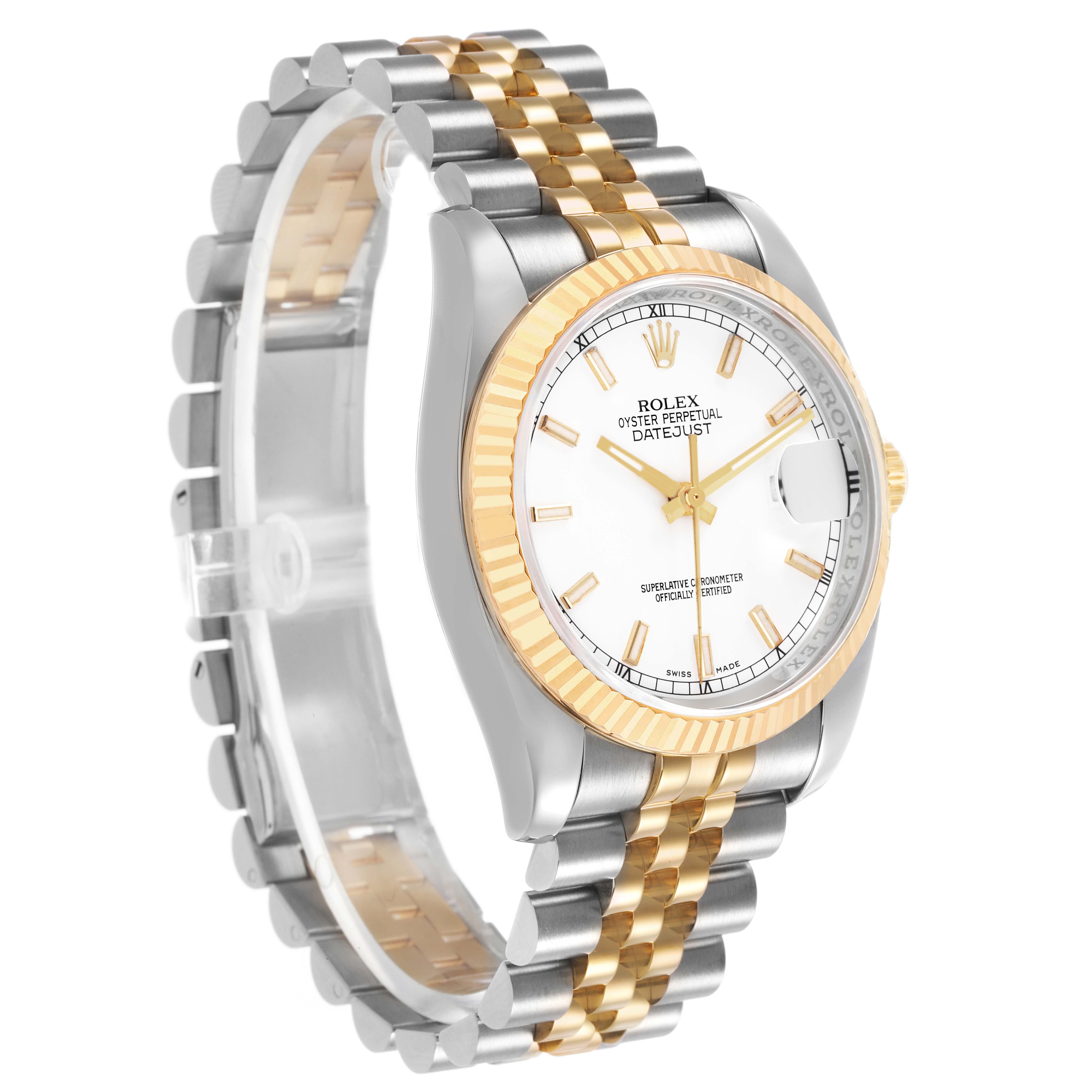 The Rolex Datejust 116233 Men's Steel and Gold (two tone) White Dial watch is shown at a three-quarter angle, displaying the dial, jubilee bracelet, and fluted bezel.