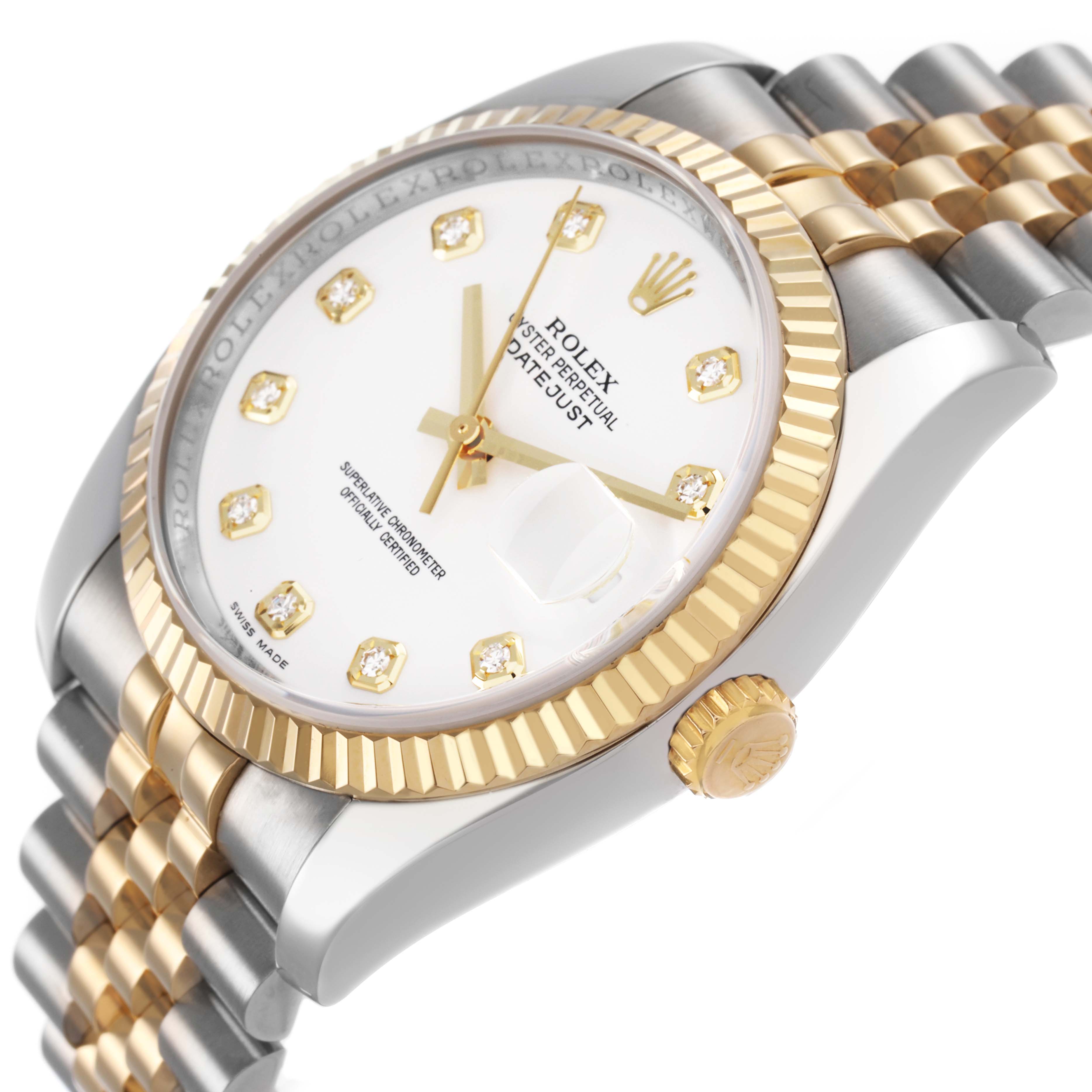 The Rolex Datejust 116233 Men's Steel and Gold (two tone) White Dial watch is shown at a tilted angle, highlighting the dial, bezel, and part of the bracelet.