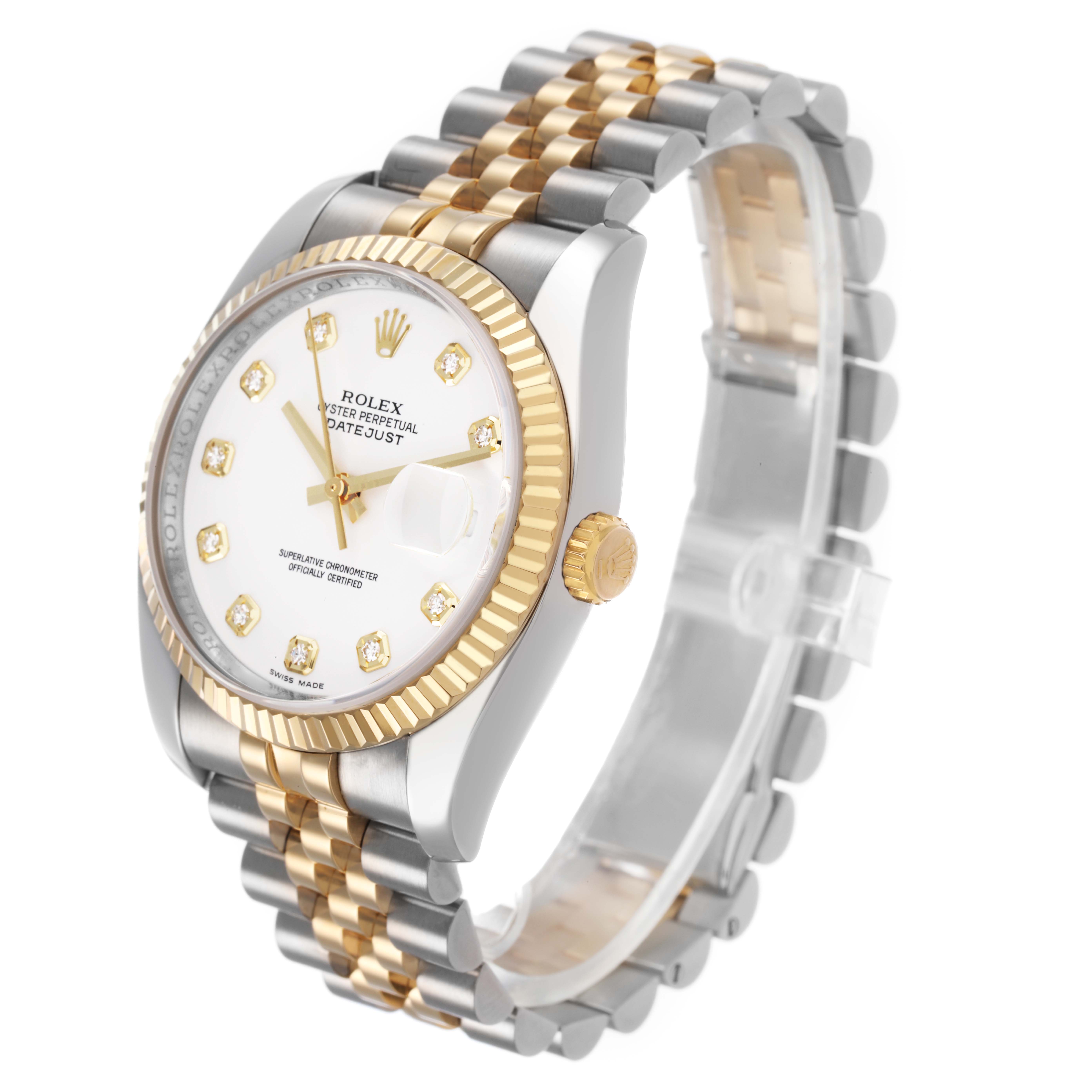 The Rolex Datejust 116233 Men's Steel and Gold (two tone) White Dial watch is shown at a three-quarter angle, highlighting the two-tone bracelet, fluted bezel, and diamond hour markers.