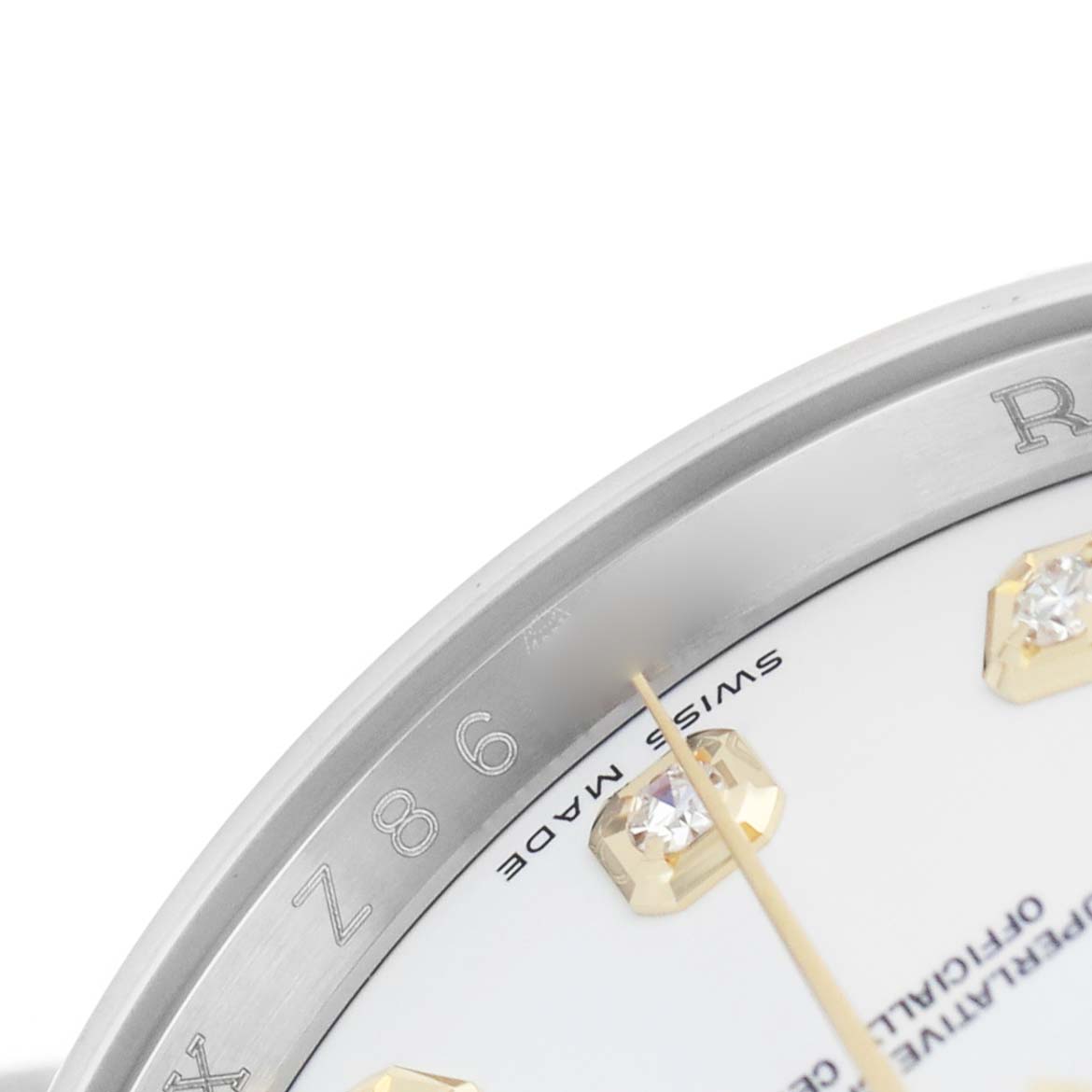 The image shows a close-up of a Rolex Datejust 116233 Men's Steel and Gold (two tone) White Dial watch, highlighting the dial, diamond markers, and partial bezel.