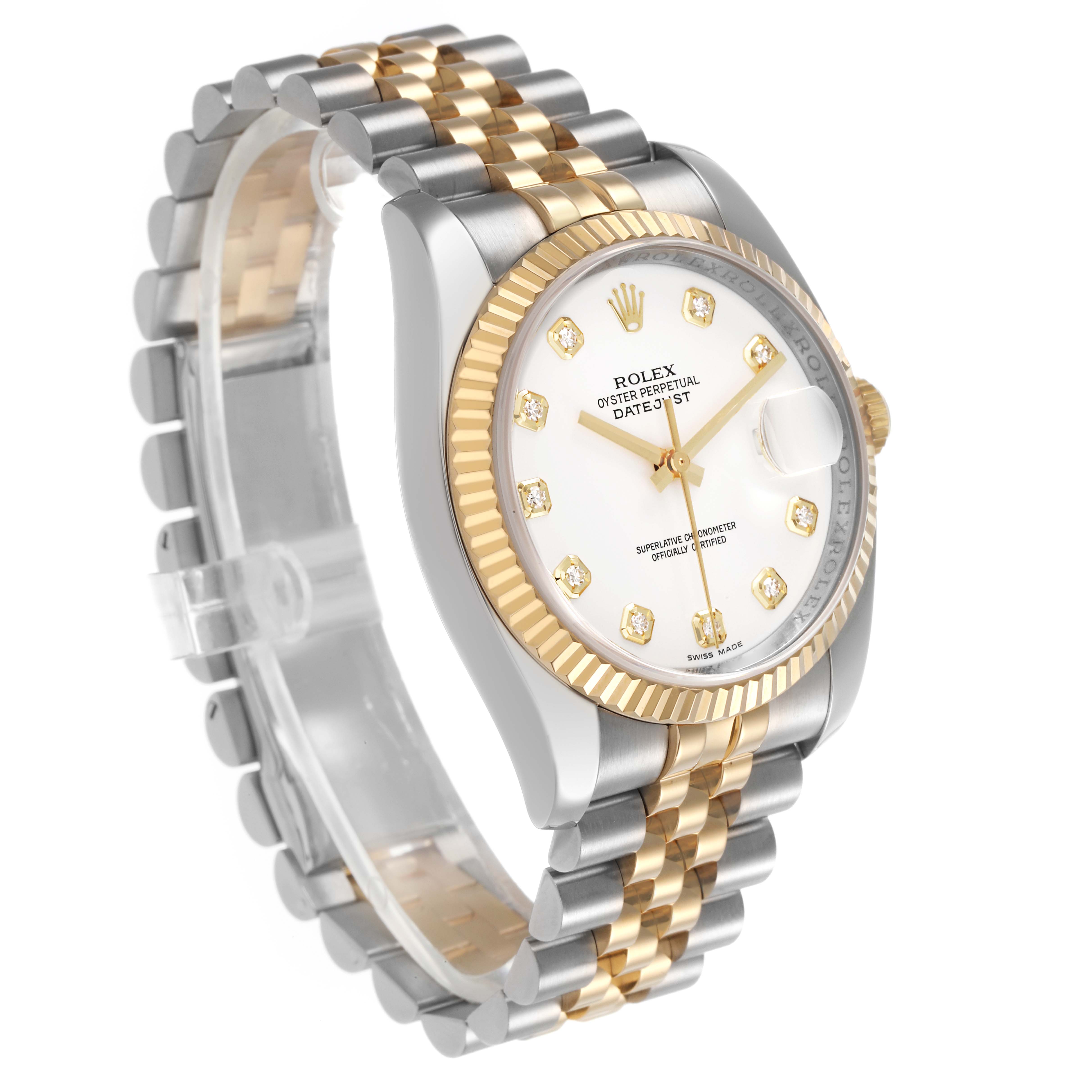 The Rolex Datejust 116233 Men's Steel and Gold (two tone) White Dial watch is shown at a three-quarter angle, displaying the dial, fluted bezel, and two-tone bracelet.