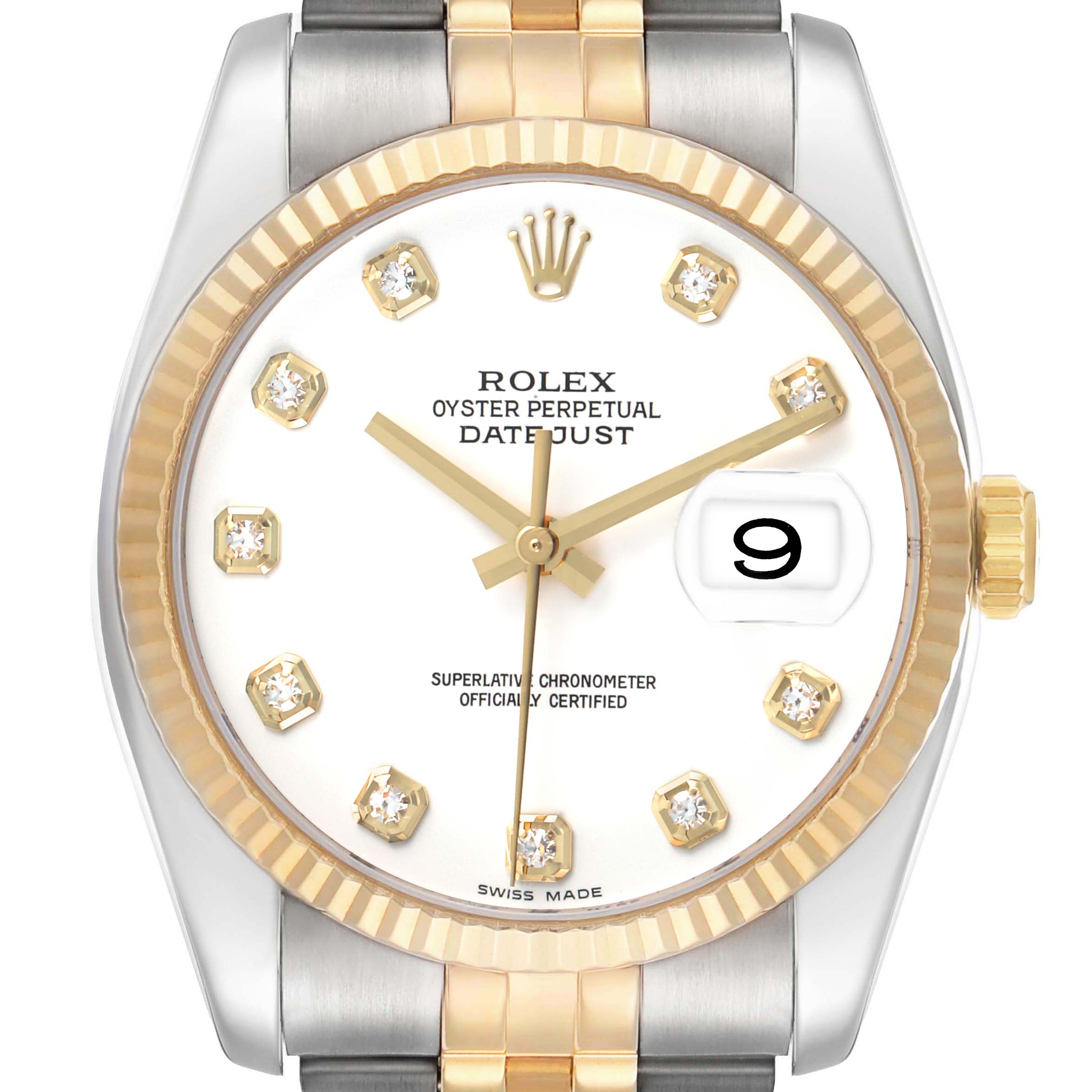 The Rolex Datejust 116233 Men's Steel and Gold (two tone) White Dial is shown from the front, highlighting the dial, gold fluted bezel, and part of the bracelet.