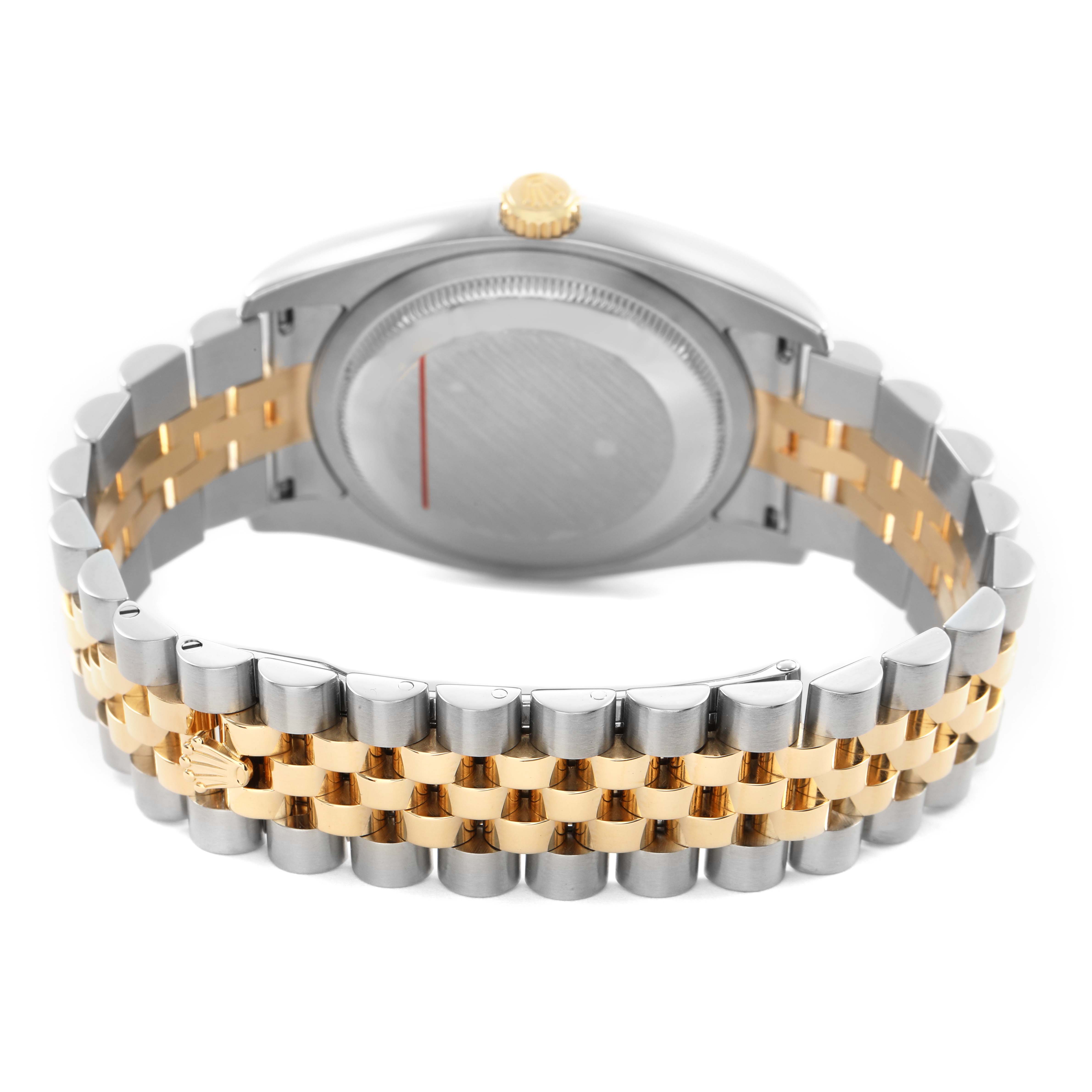 The image shows the back of a Rolex Datejust 116233 Men's Steel and Gold (two tone) White Dial watch, highlighting the two-tone bracelet and case back.
