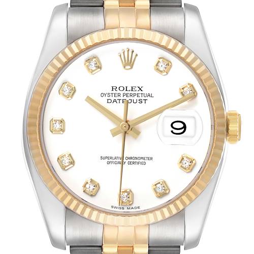 The Rolex Datejust 116233 Men's Steel and Gold (two tone) White Dial watch is shown from a front angle, displaying the dial, hands, date window, and part of the bracelet.