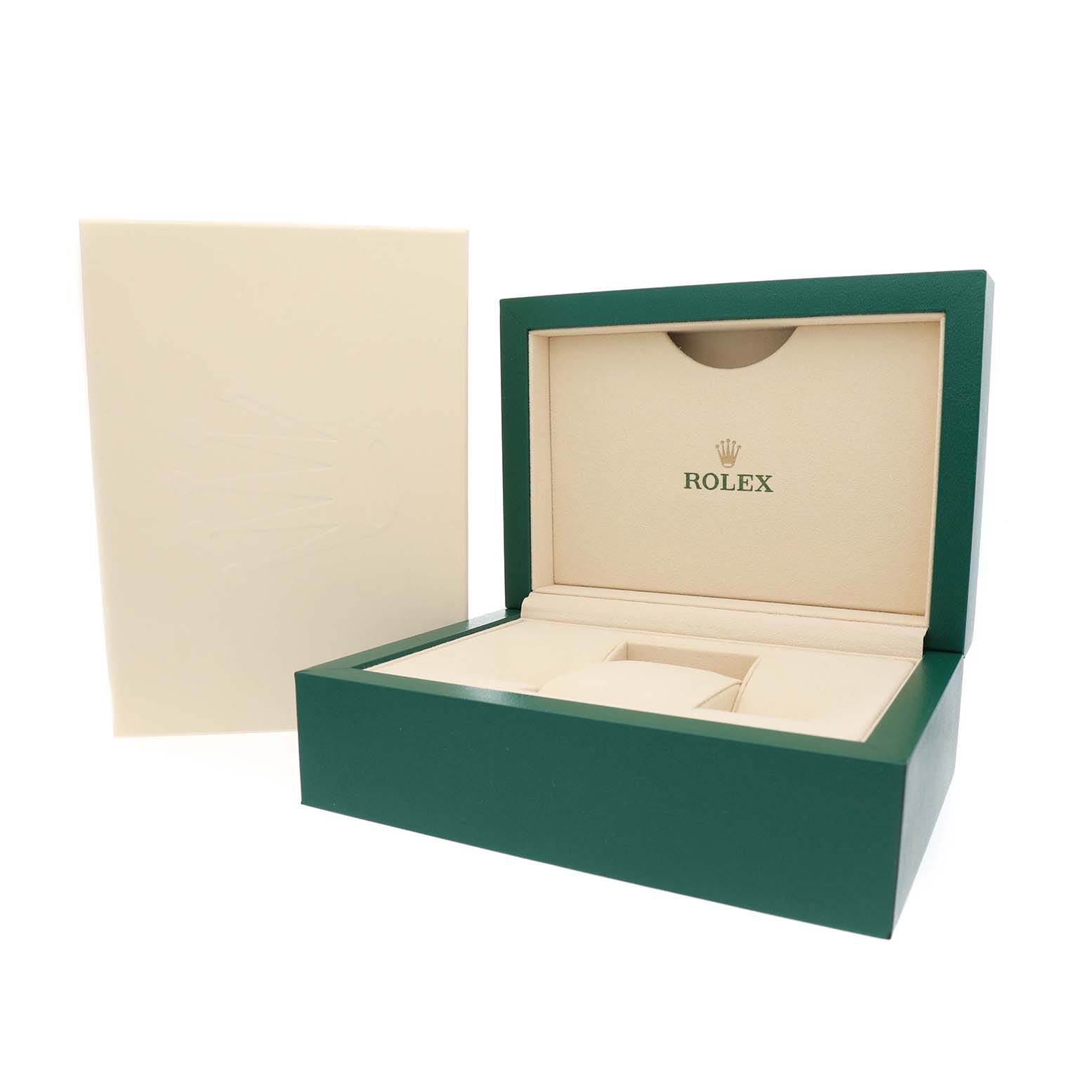 The image shows an open green and beige Rolex box for a Datejust model, viewed from the front.