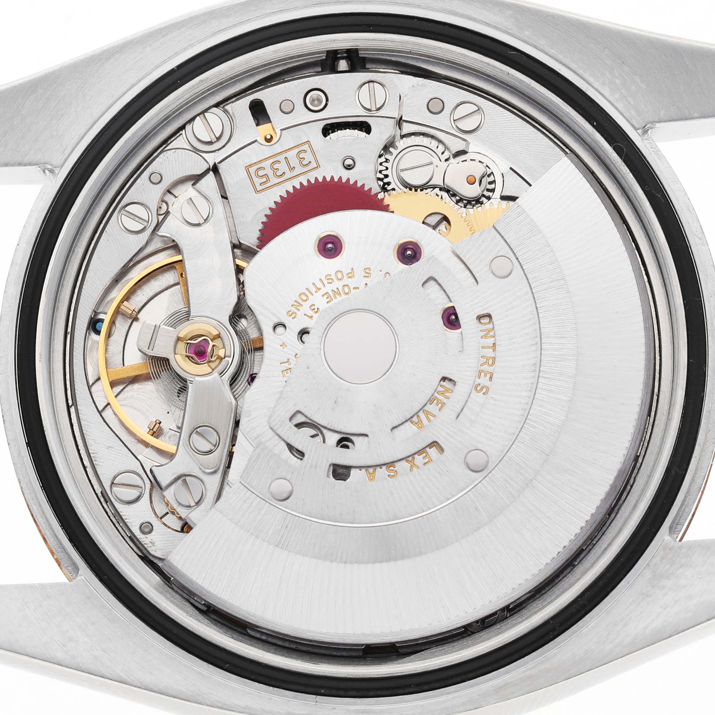 The image shows the back view of a Rolex Datejust 116233 Men's Steel and Gold (two tone) White Dial watch, highlighting its internal mechanical movement.