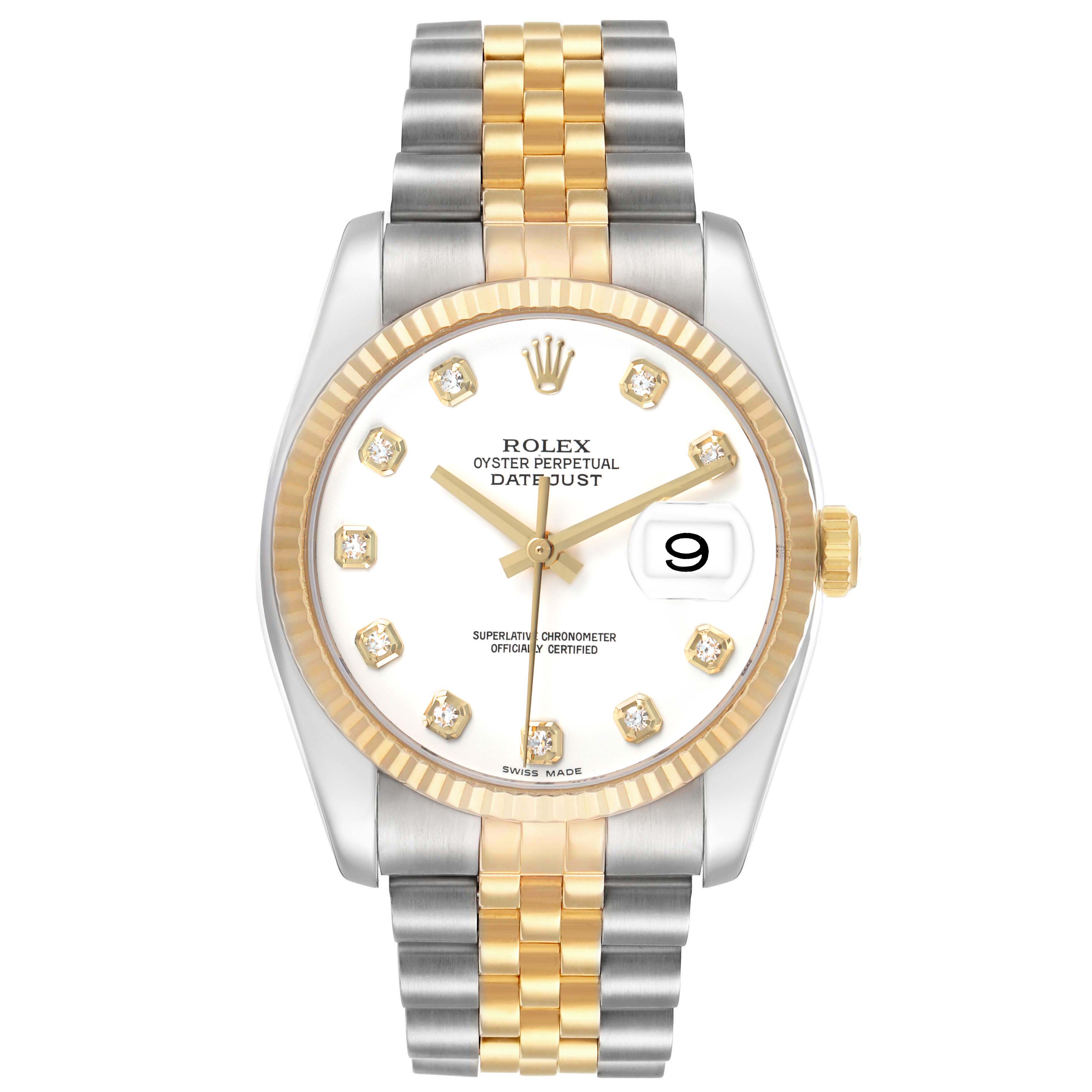 The Rolex Datejust 116233 Men's Steel and Gold (two tone) White Dial watch is shown from the front, featuring its dial, bezel, crown, and two-tone bracelet.