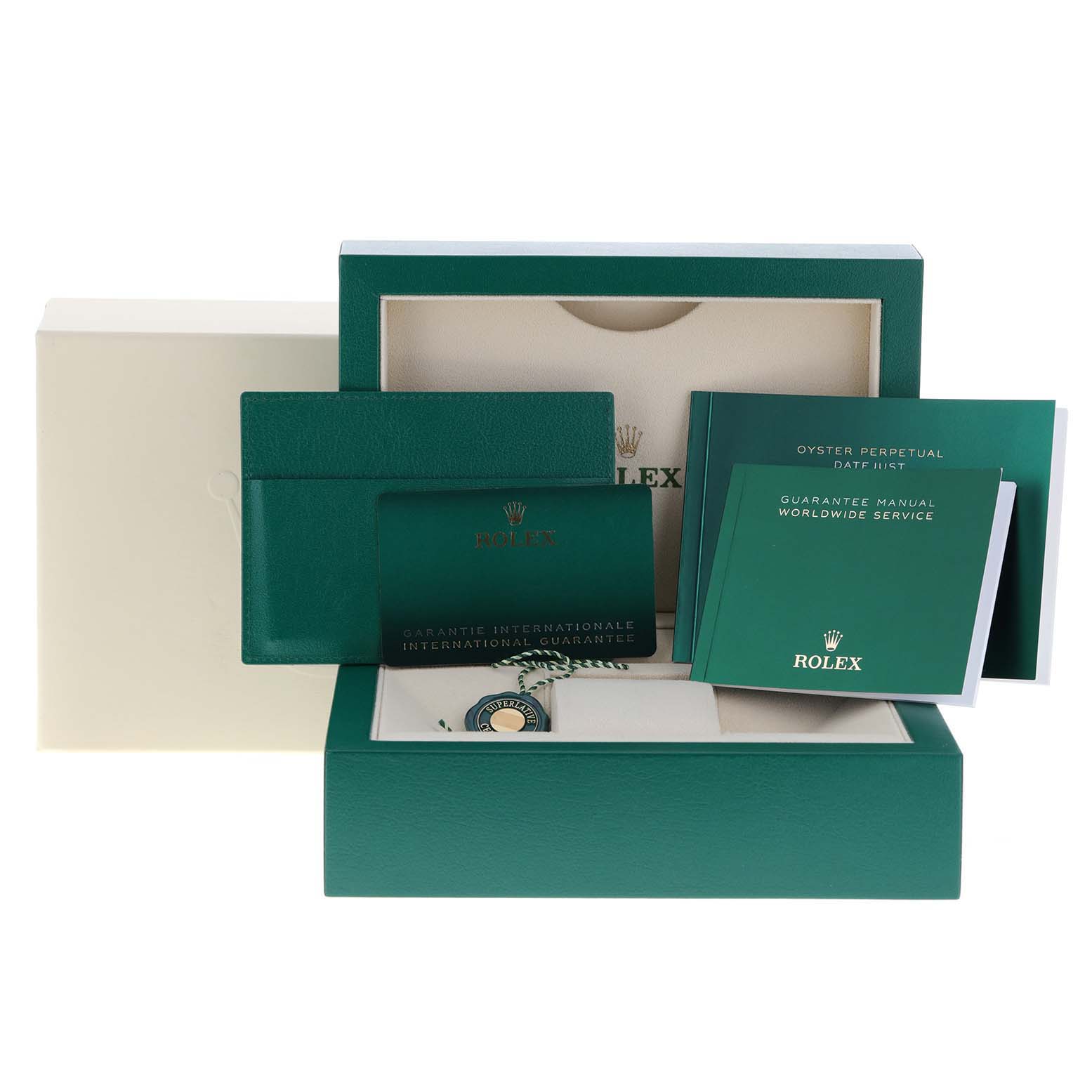 The image shows the packaging, manuals, warranty card, and tags for a Rolex Datejust 41 126331 Men's Steel and Gold (two tone) Brown Dial 126331 Men's Steel and Gold (two tone) Brown Dial watch.