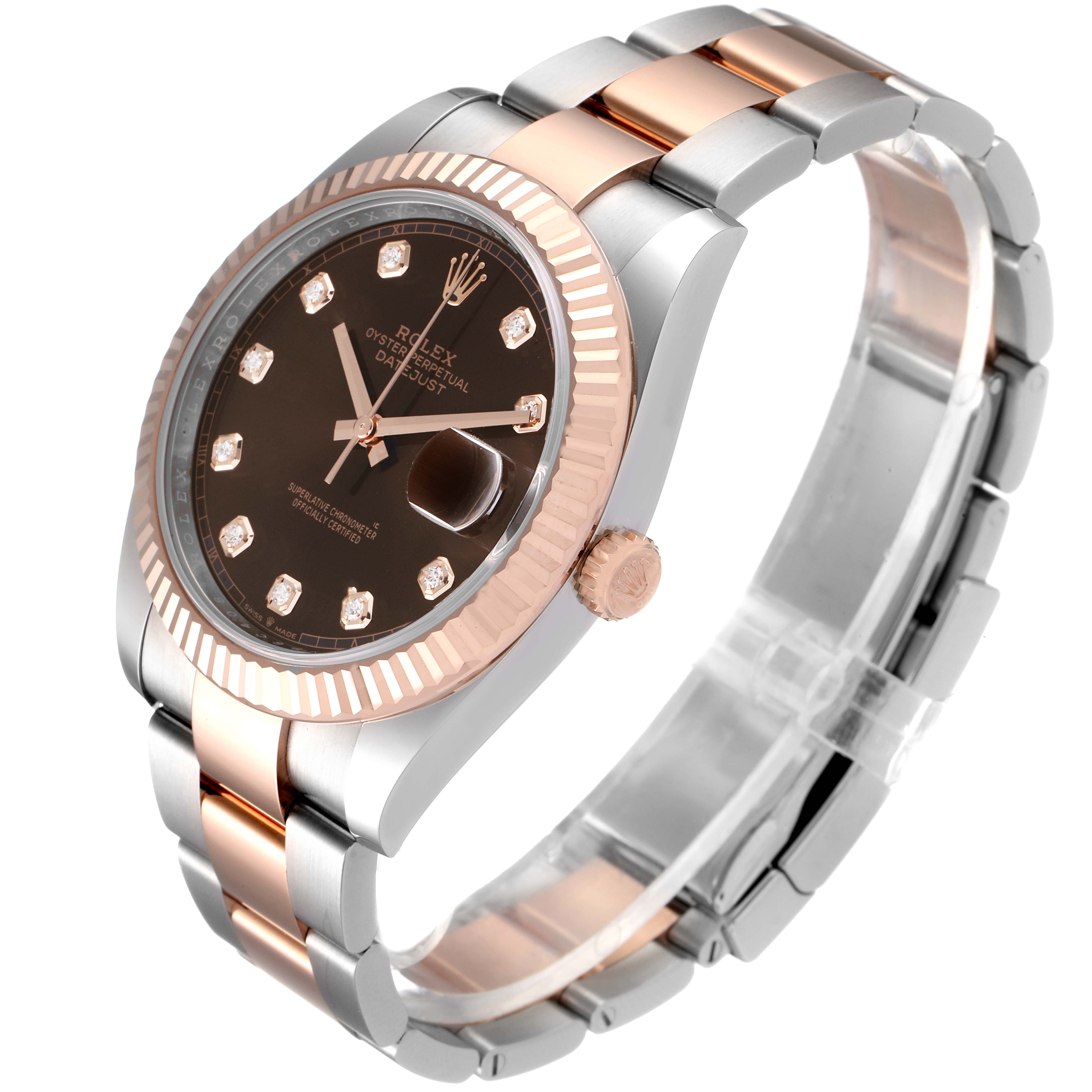 The Rolex Datejust 41 126331 Men's Steel and Gold (two tone) Brown Dial 126331 Men's Steel and Gold (two tone) Brown Dial is shown at an angle displaying the watch face, bracelet, crown, and fluted bezel.