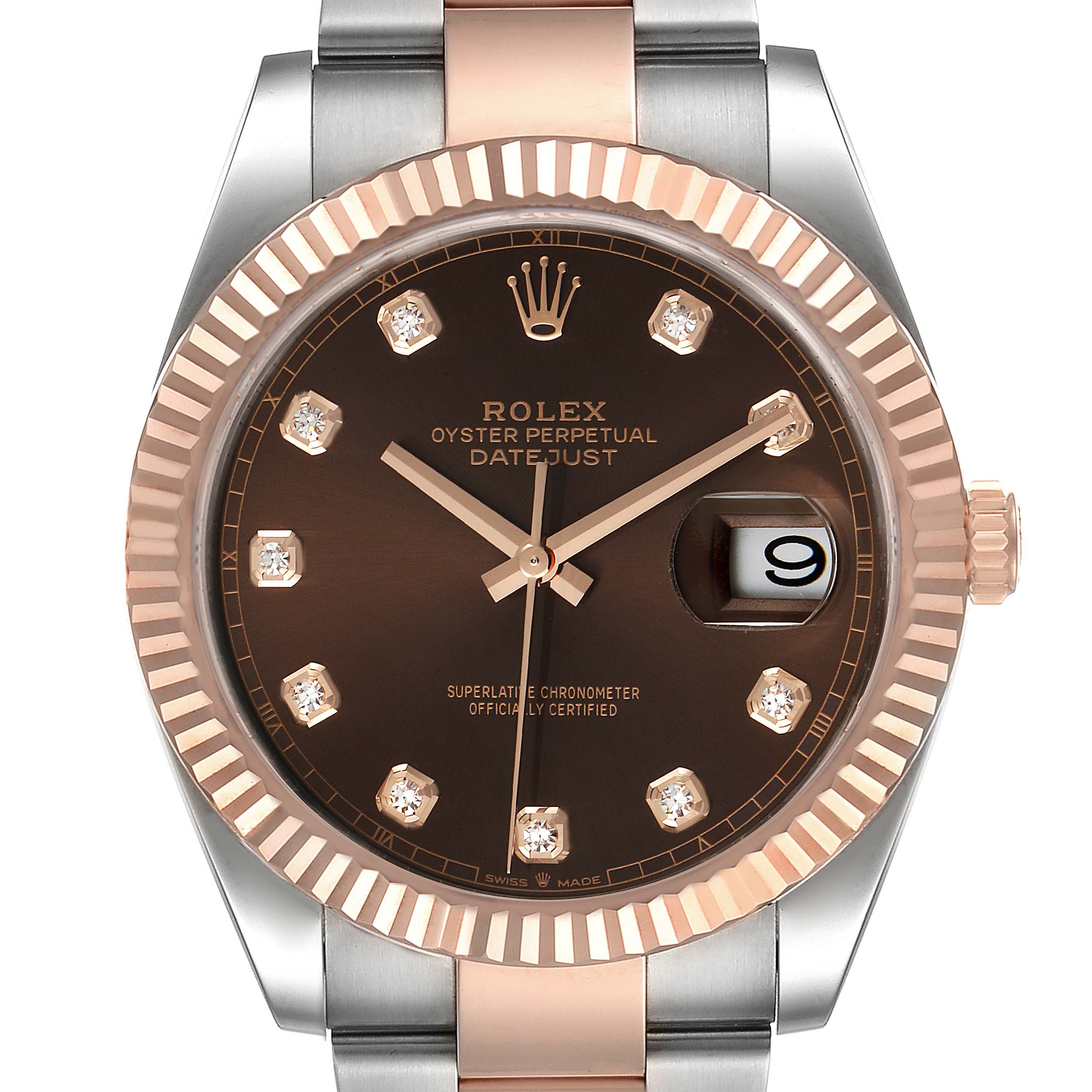 This image shows a frontal view of a Rolex Datejust 41 126331 Men's Steel and Gold (two tone) Brown Dial 126331 Men's Steel and Gold (two tone) Brown Dial with a brown dial, diamond hour markers, and a two-tone bracelet and bezel.