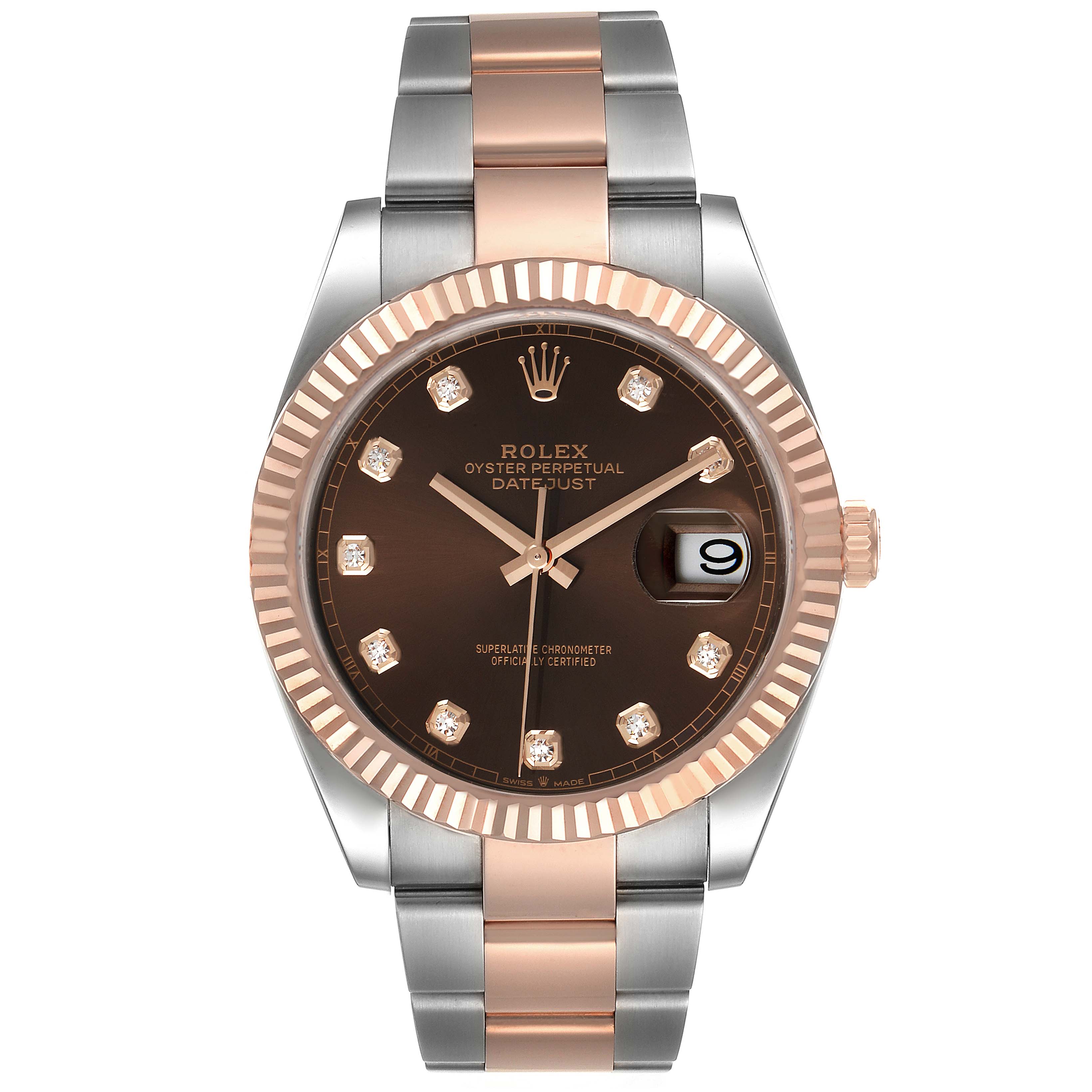 The image shows a front view of a Rolex Datejust 41 126331 Men's Steel and Gold (two tone) Brown Dial 126331 Men's Steel and Gold (two tone) Brown Dial watch, highlighting the dial, bezel, crown, and part of the bracelet.