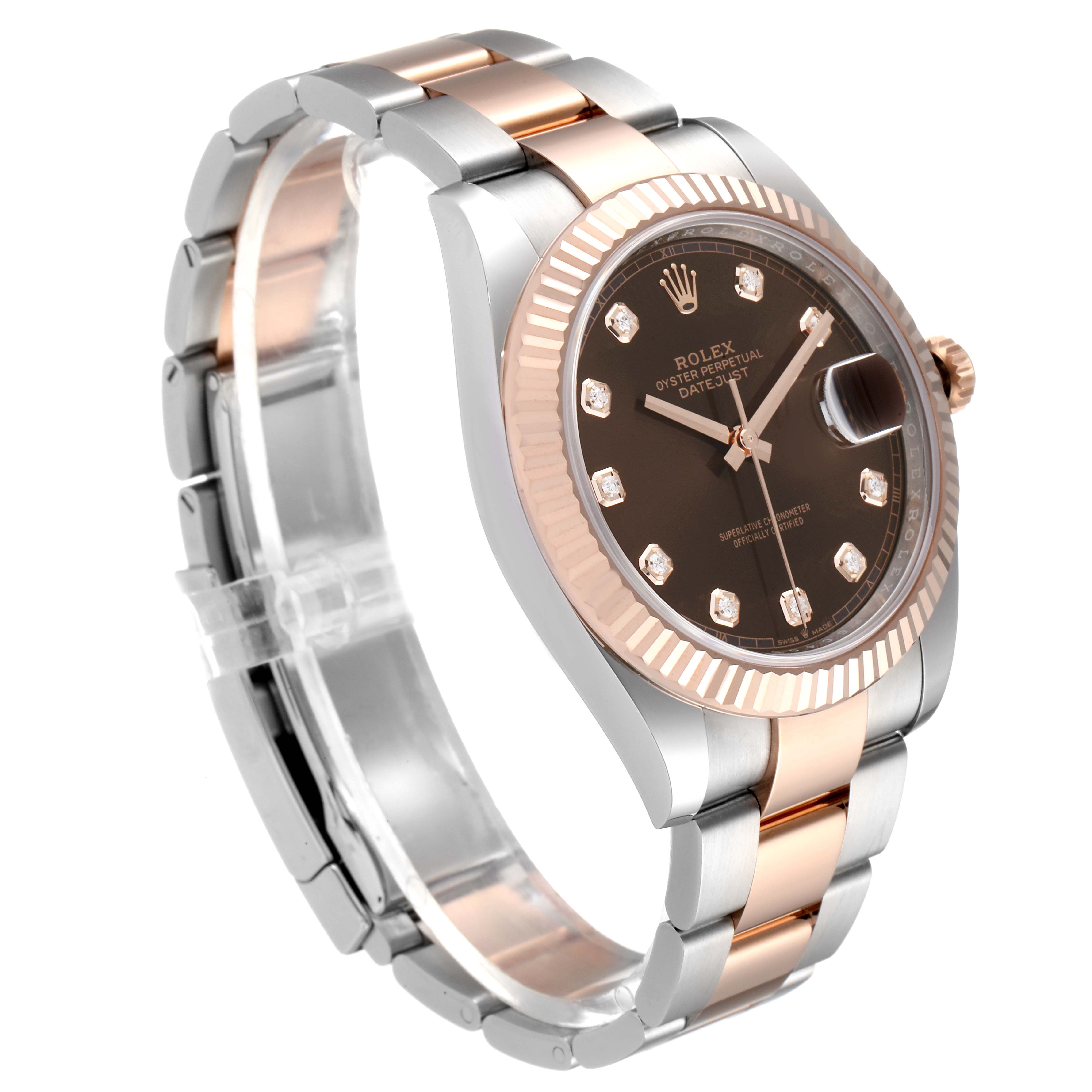 The Rolex Datejust 41 126331 Men's Steel and Gold (two tone) Brown Dial 126331 Men's Steel and Gold (two tone) Brown Dial watch is shown in a three-quarter view, highlighting its two-tone bracelet, fluted bezel, and black dial.