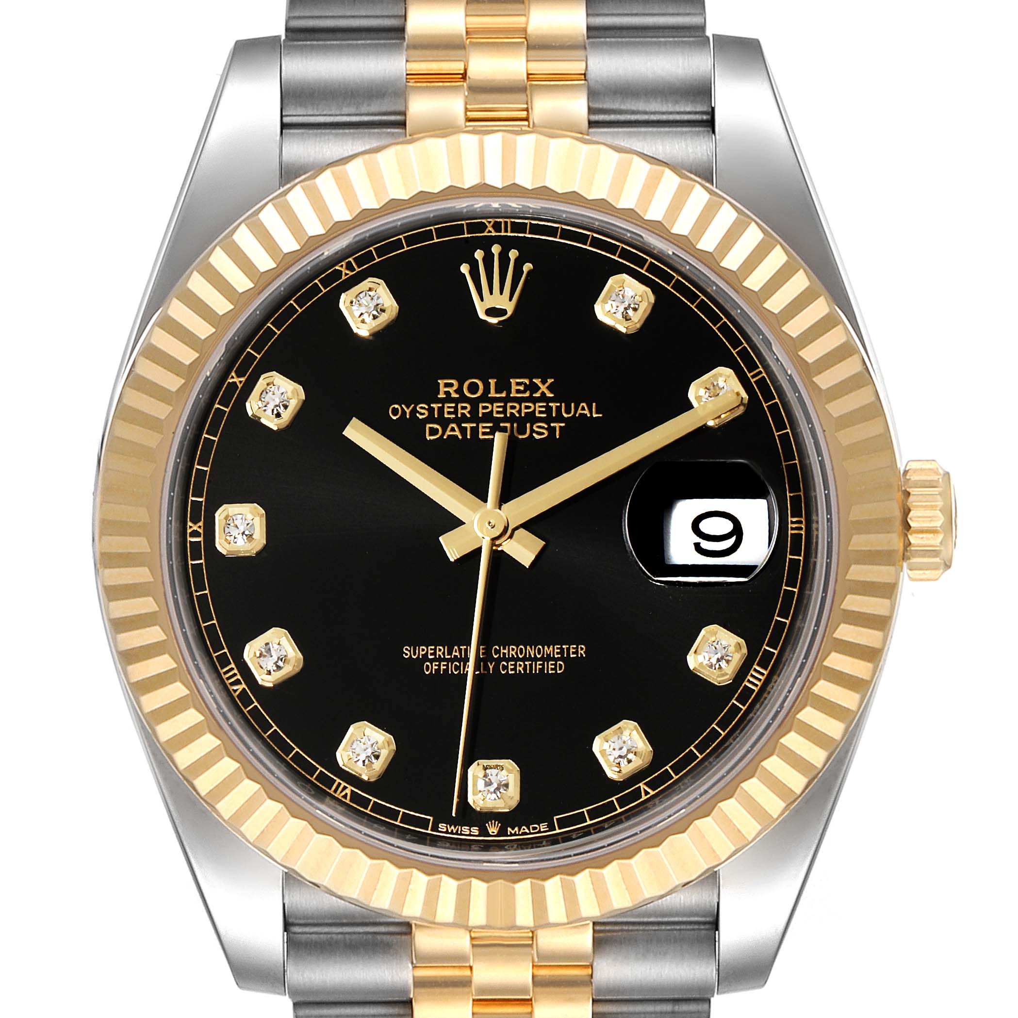 This front-facing view of the Rolex Datejust 41 126333 Men's Steel and Gold (two tone) Black Dial 126333 Men's Steel and Gold (two tone) Black Dial shows the black dial, two-tone bracelet, and fluted bezel.