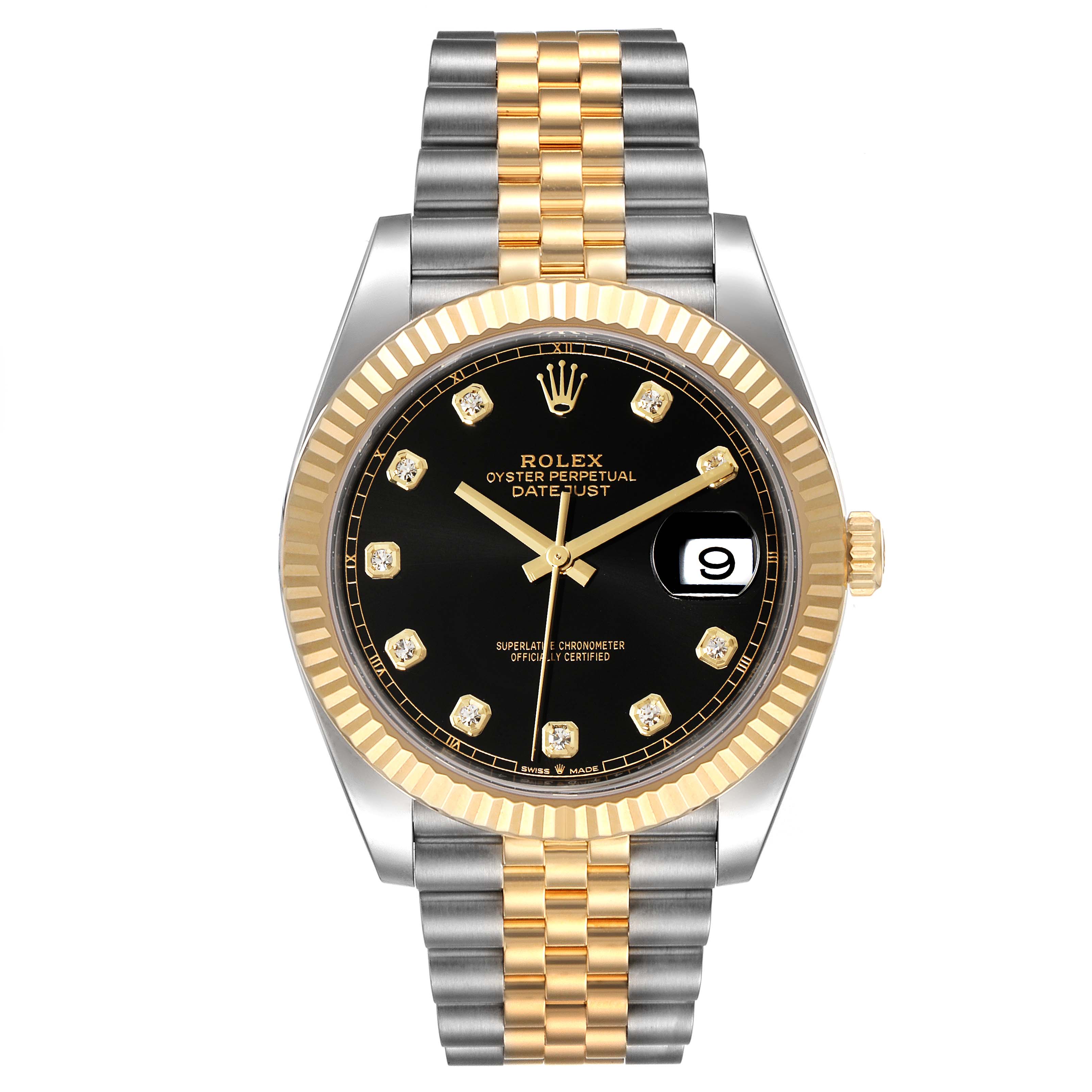 The image shows a front view of the Rolex Datejust 41 126333 Men's Steel and Gold (two tone) Black Dial 126333 Men's Steel and Gold (two tone) Black Dial watch, highlighting its black dial, date display, and two-tone bracelet.