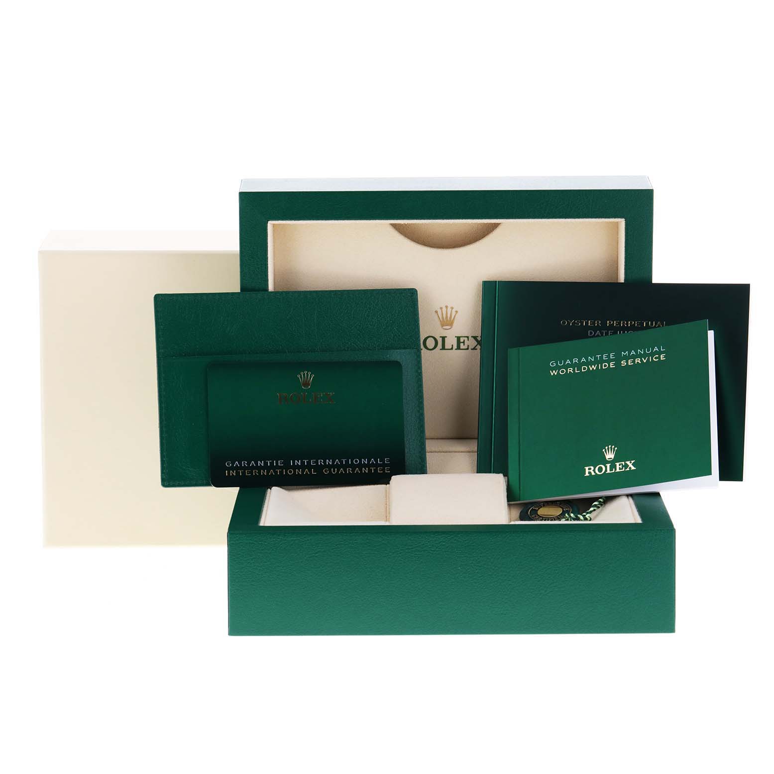 The image shows the packaging, international guarantee card, and manuals for a Rolex Datejust 41 126333 Men's Steel and Gold (two tone) Black Dial 126333 Men's Steel and Gold (two tone) Black Dial; no watch visible.