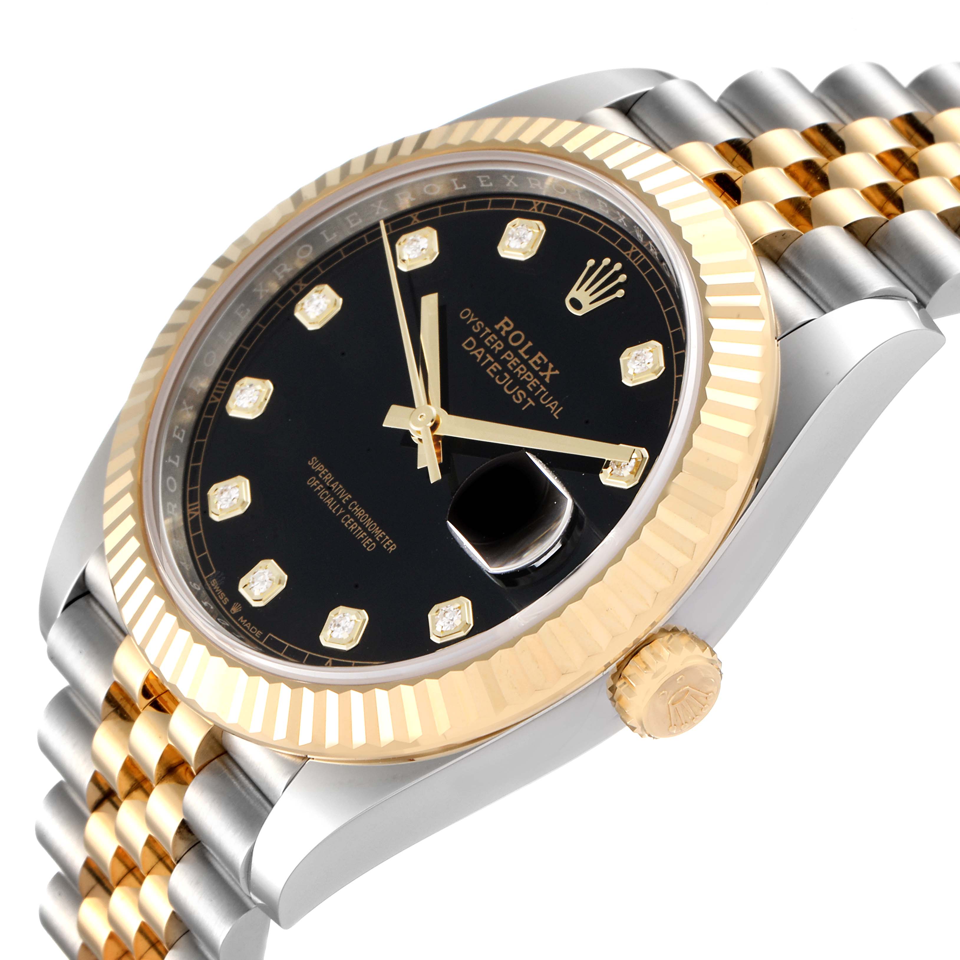 The image shows a close-up angle of a Rolex Datejust 41 126333 Men's Steel and Gold (two tone) Black Dial 126333 Men's Steel and Gold (two tone) Black Dial, highlighting the face, bezel, crown, and part of the jubilee bracelet.