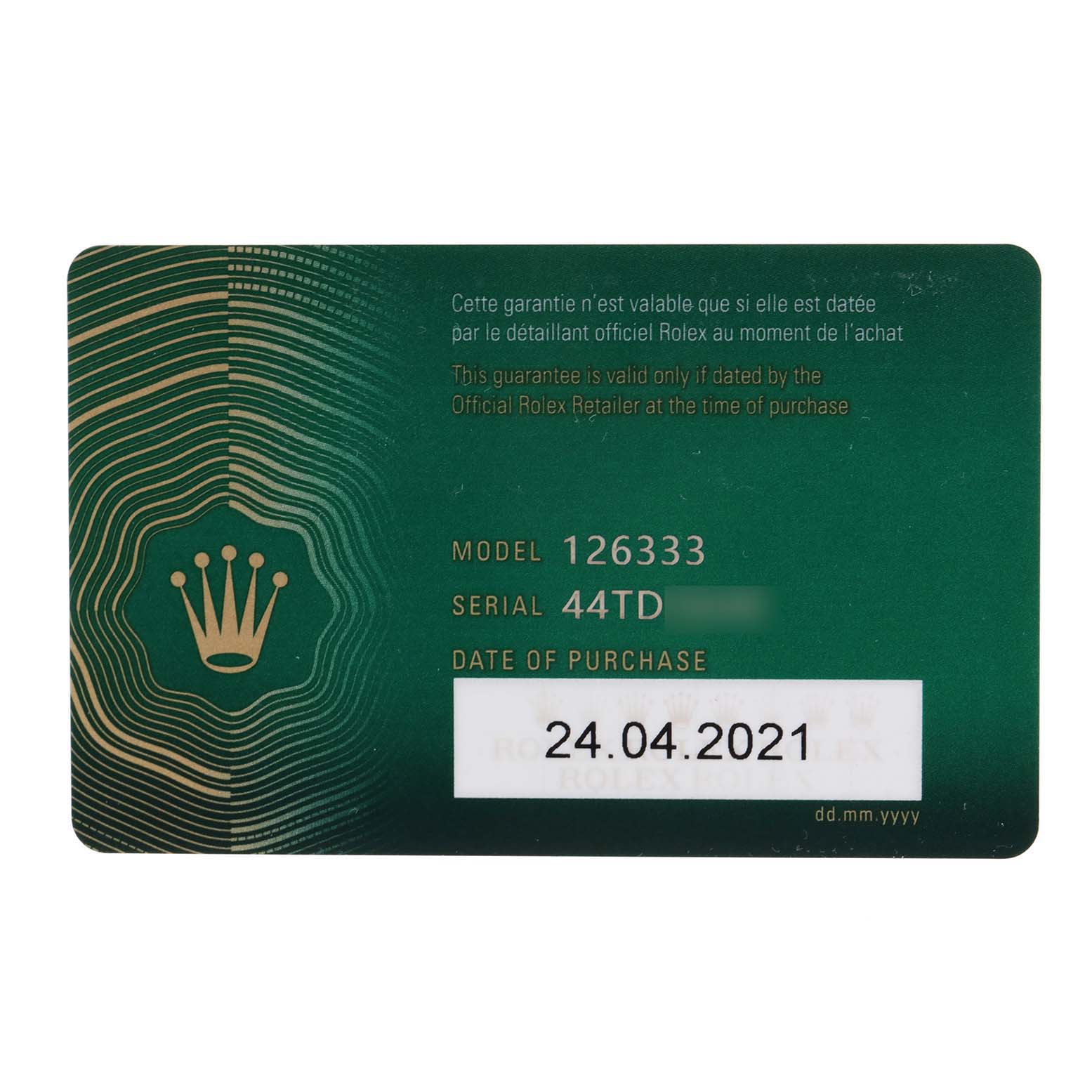 The image displays the warranty card for the Rolex Datejust 41 126333 Men's Steel and Gold (two tone) Black Dial 126333 Men's Steel and Gold (two tone) Black Dial model 126333.