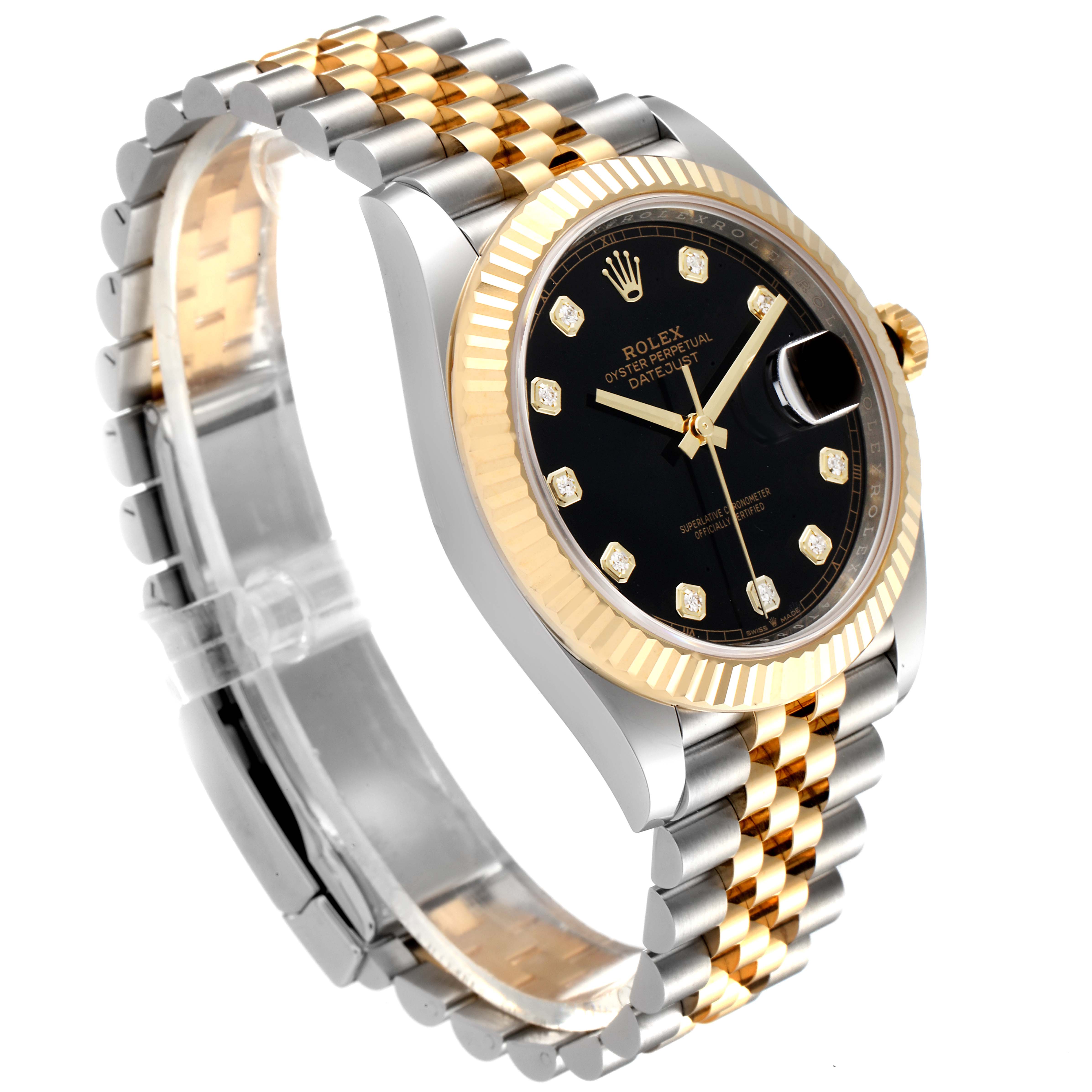 This image shows a side view of the Rolex Datejust 41 126333 Men's Steel and Gold (two tone) Black Dial 126333 Men's Steel and Gold (two tone) Black Dial, highlighting its two-tone bracelet, black dial, and fluted bezel.
