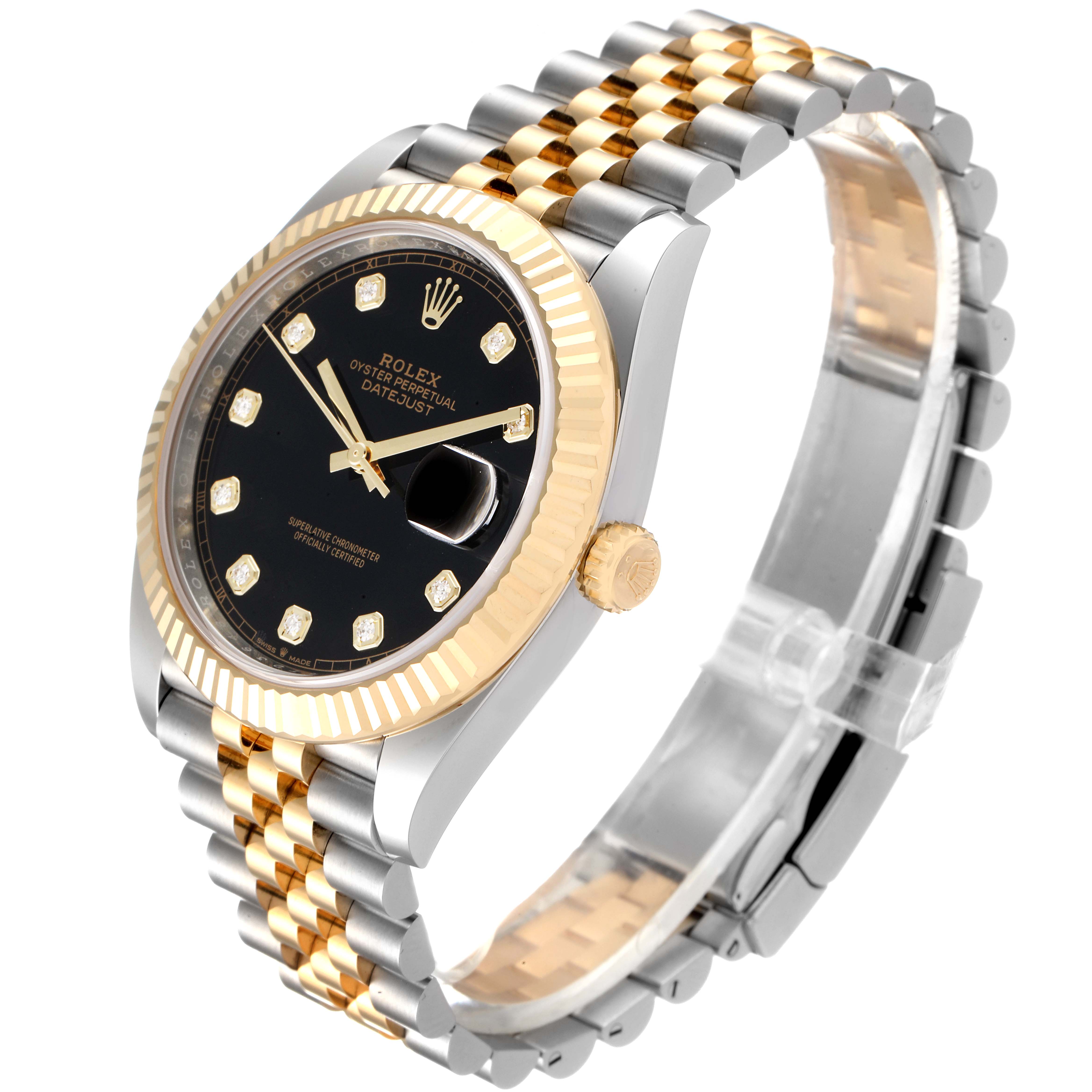 The Rolex Datejust 41 126333 Men's Steel and Gold (two tone) Black Dial 126333 Men's Steel and Gold (two tone) Black Dial watch is shown at a three-quarter angle, displaying its black dial, fluted bezel, and two-tone bracelet.