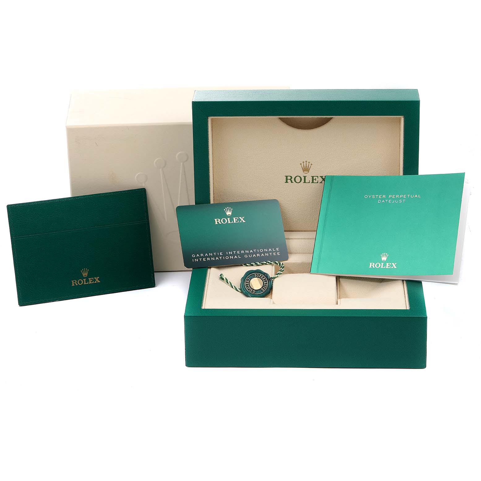 The image shows the accessories of a Rolex Datejust 41 126303 Men's Steel and Gold (two tone) Black Dial 126303 Men's Steel and Gold (two tone) Black Dial, including the box, warranty card, booklets, and tag, viewed from the top.