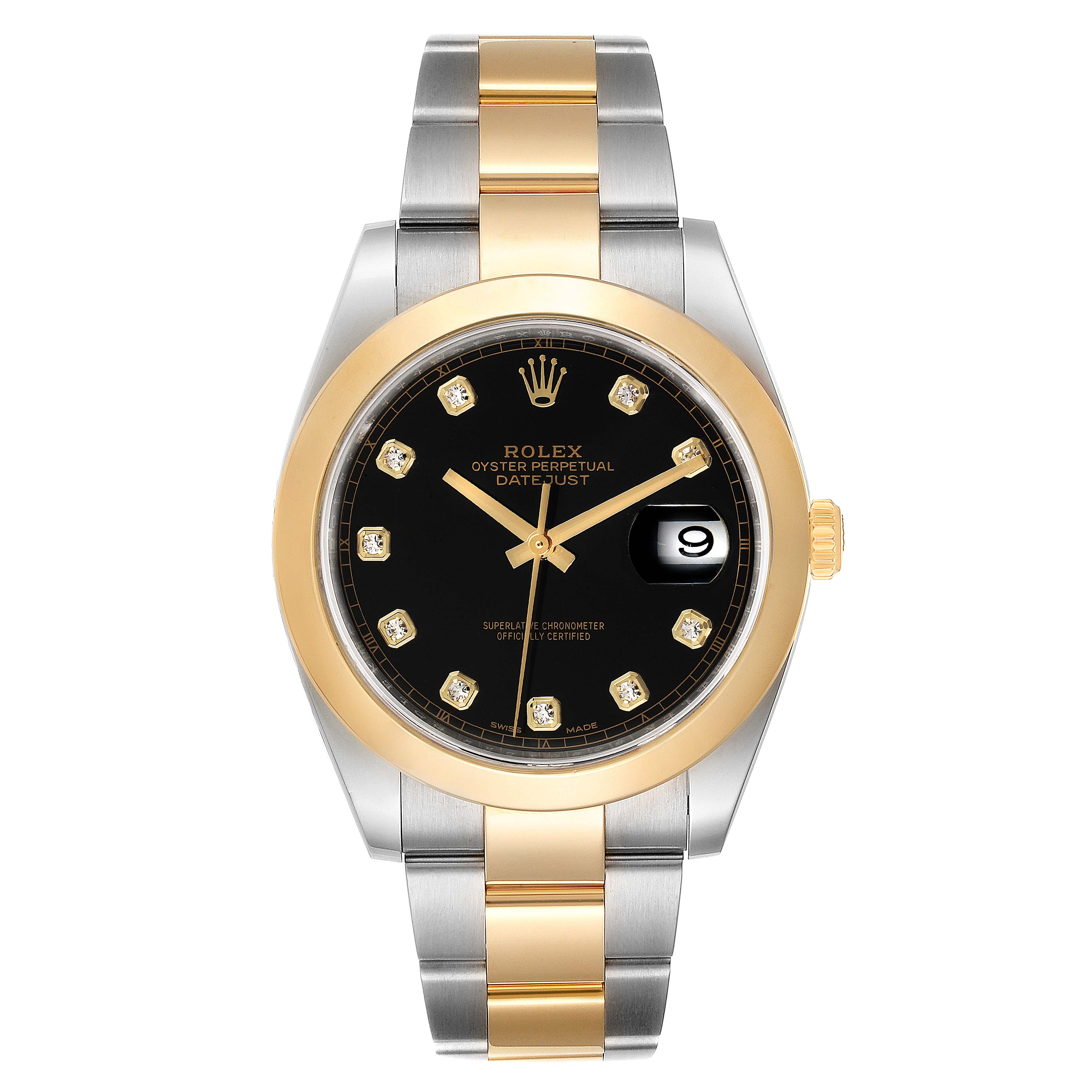The image shows a front view of the Rolex Datejust 41 126303 Men's Steel and Gold (two tone) Black Dial 126303 Men's Steel and Gold (two tone) Black Dial, highlighting its black dial, gold bezel, and two-tone bracelet.