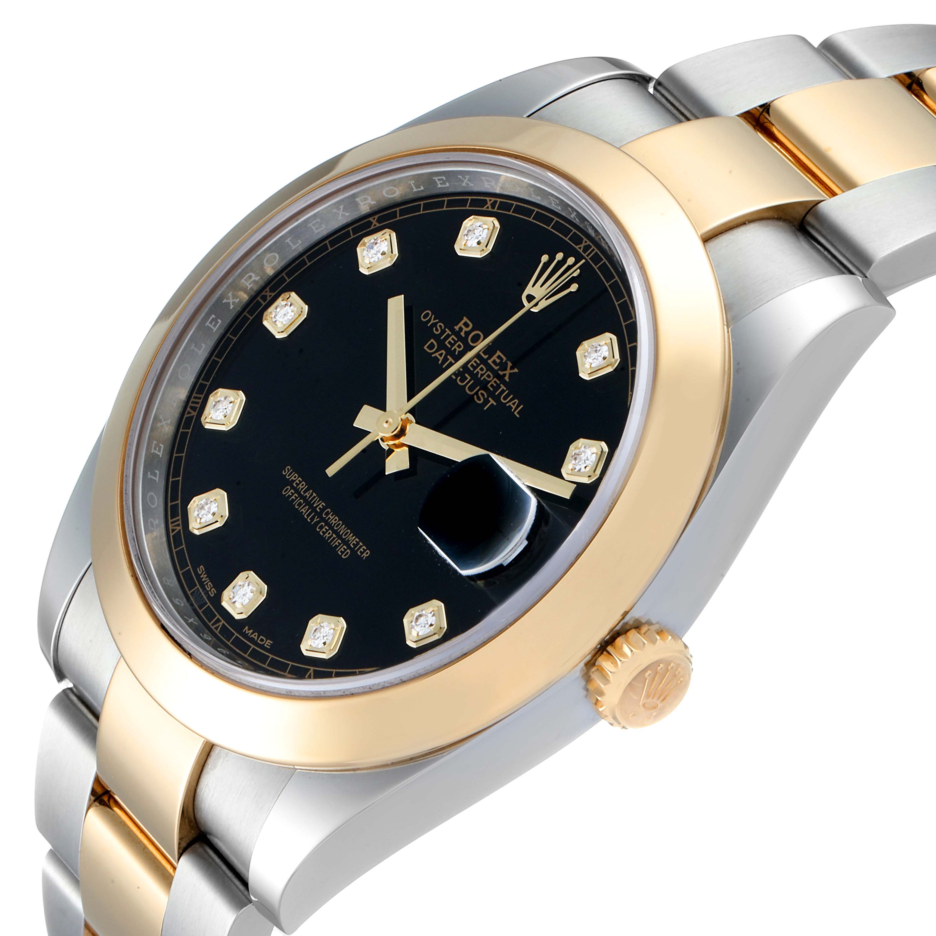 The image shows a Rolex Datejust 41 126303 Men's Steel and Gold (two tone) Black Dial 126303 Men's Steel and Gold (two tone) Black Dial watch from an angled view displaying the dial, bezel, and part of the bracelet.