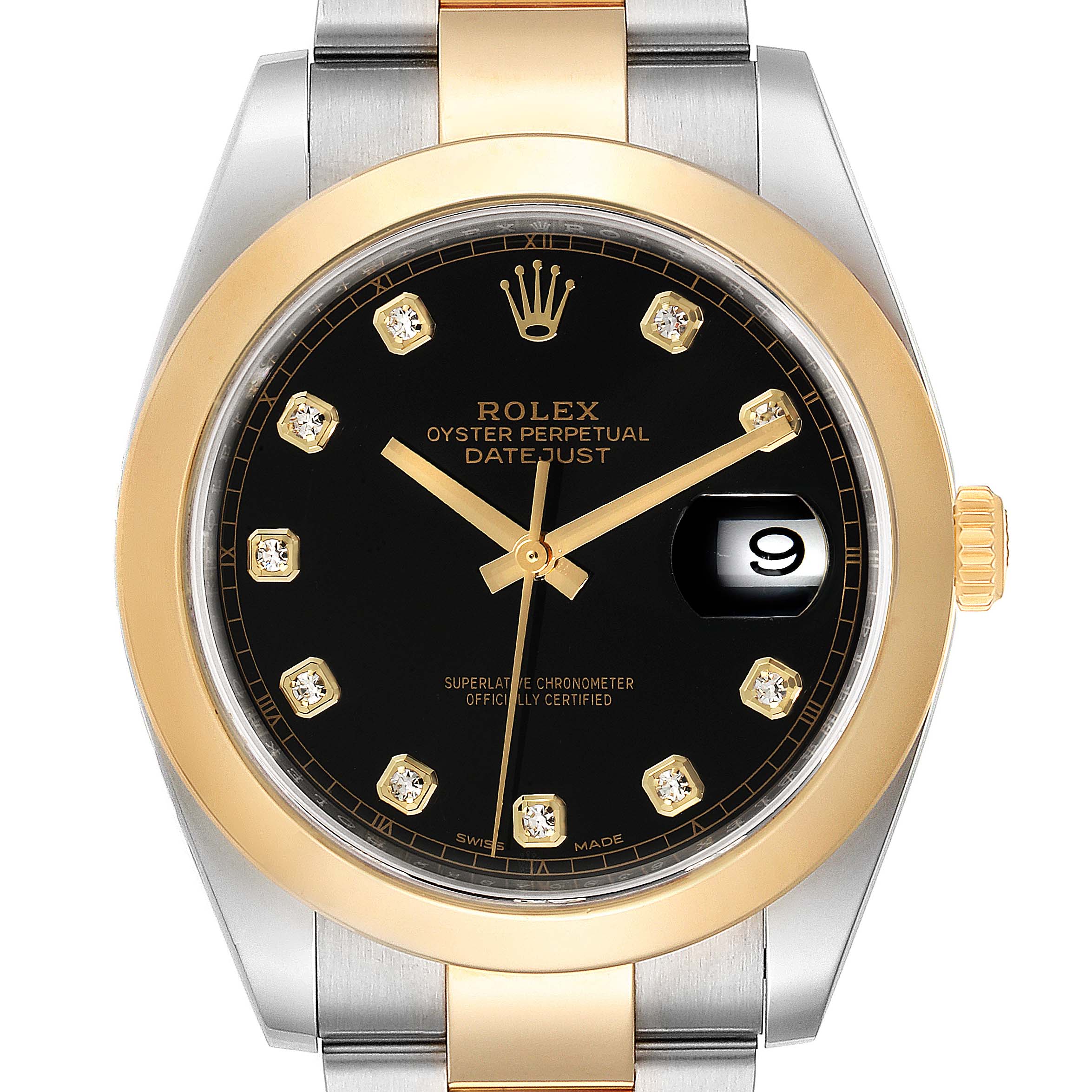 The Rolex Datejust 41 126303 Men's Steel and Gold (two tone) Black Dial 126303 Men's Steel and Gold (two tone) Black Dial watch is shown from a front angle, featuring its black dial, gold bezel, and metal bracelet.