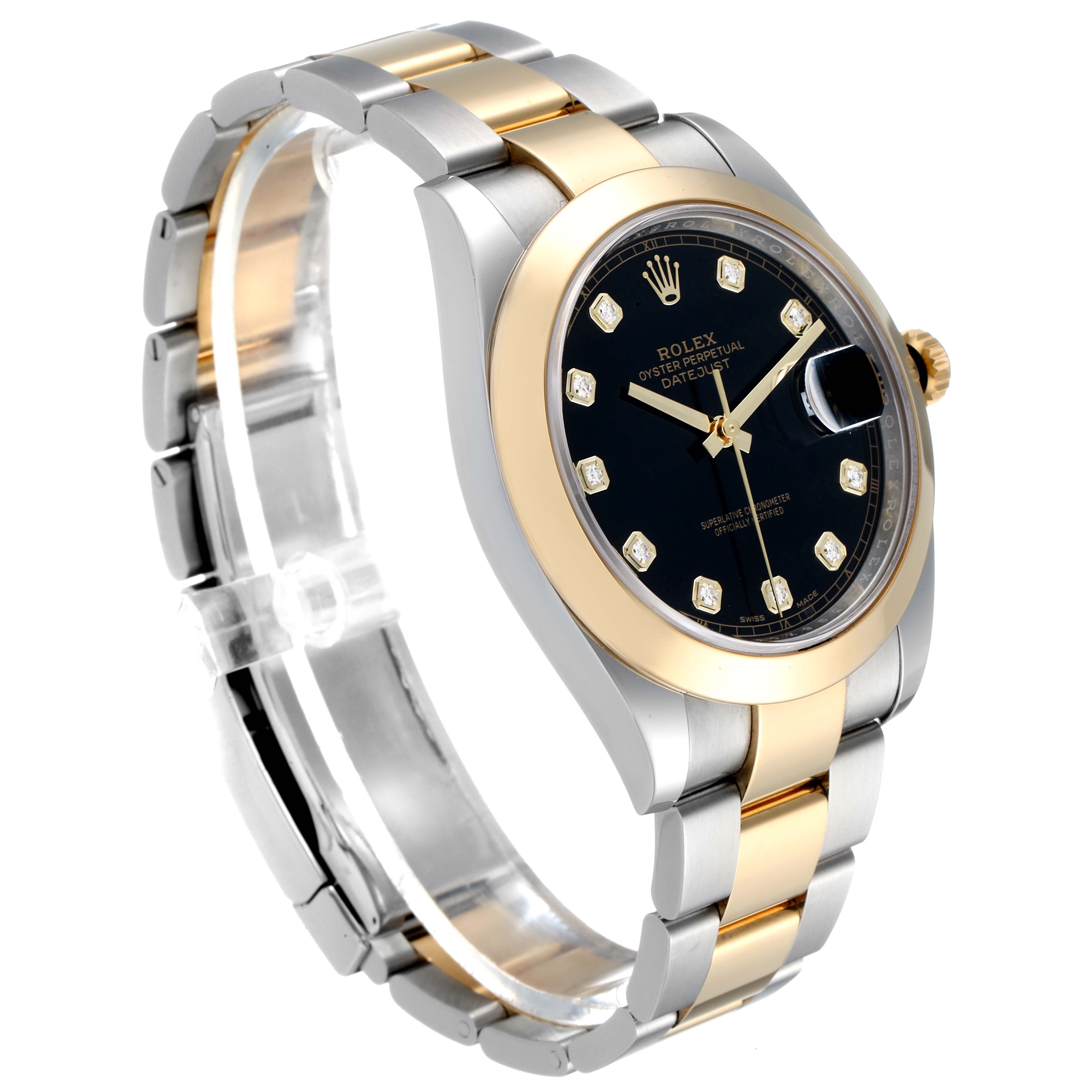 The image shows a side view of a Rolex Datejust 41 126303 Men's Steel and Gold (two tone) Black Dial 126303 Men's Steel and Gold (two tone) Black Dial watch, highlighting its two-tone bracelet, black dial, and diamond hour markers.